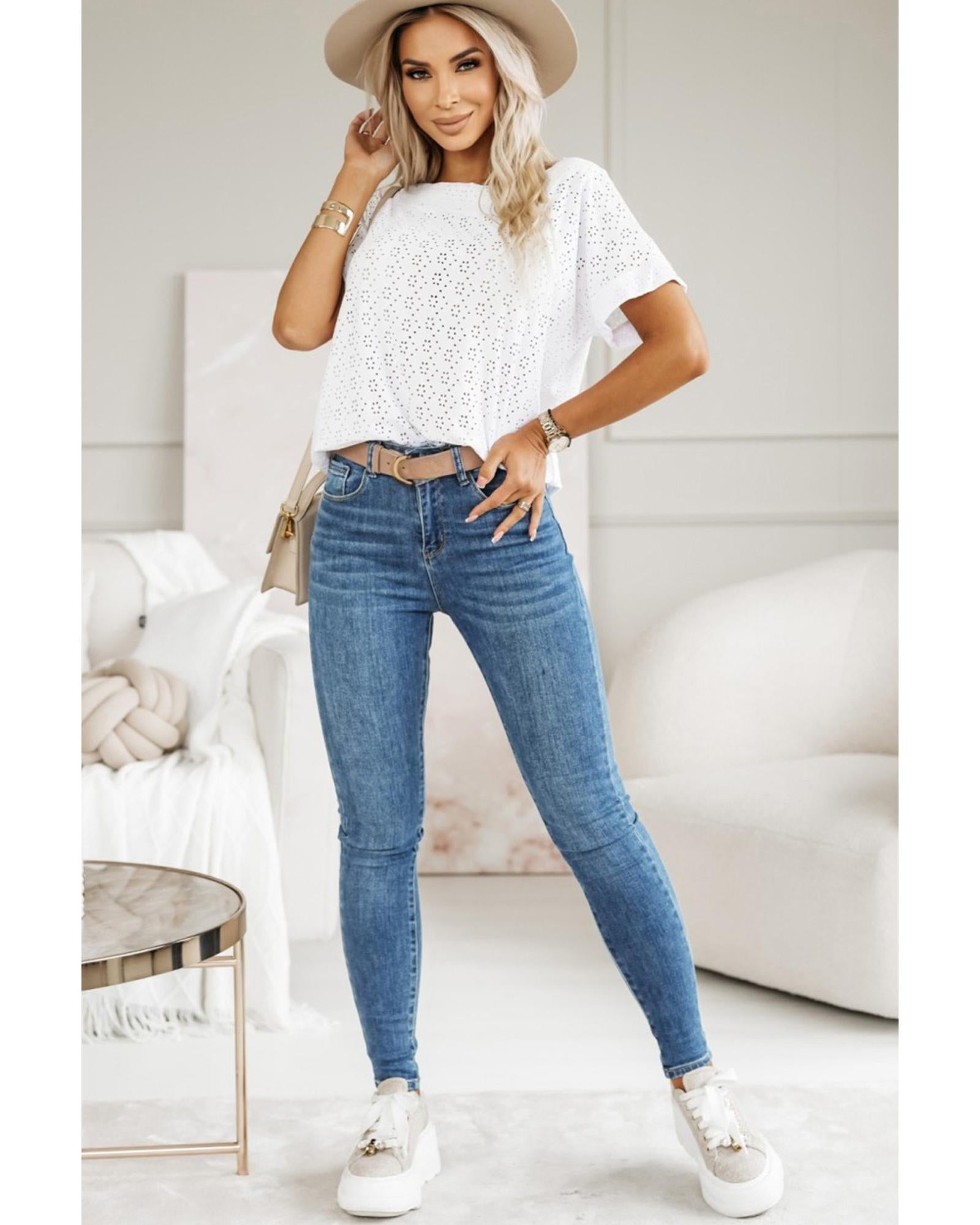 White Eyelet Pattern Boat Neck Casual Tee - L