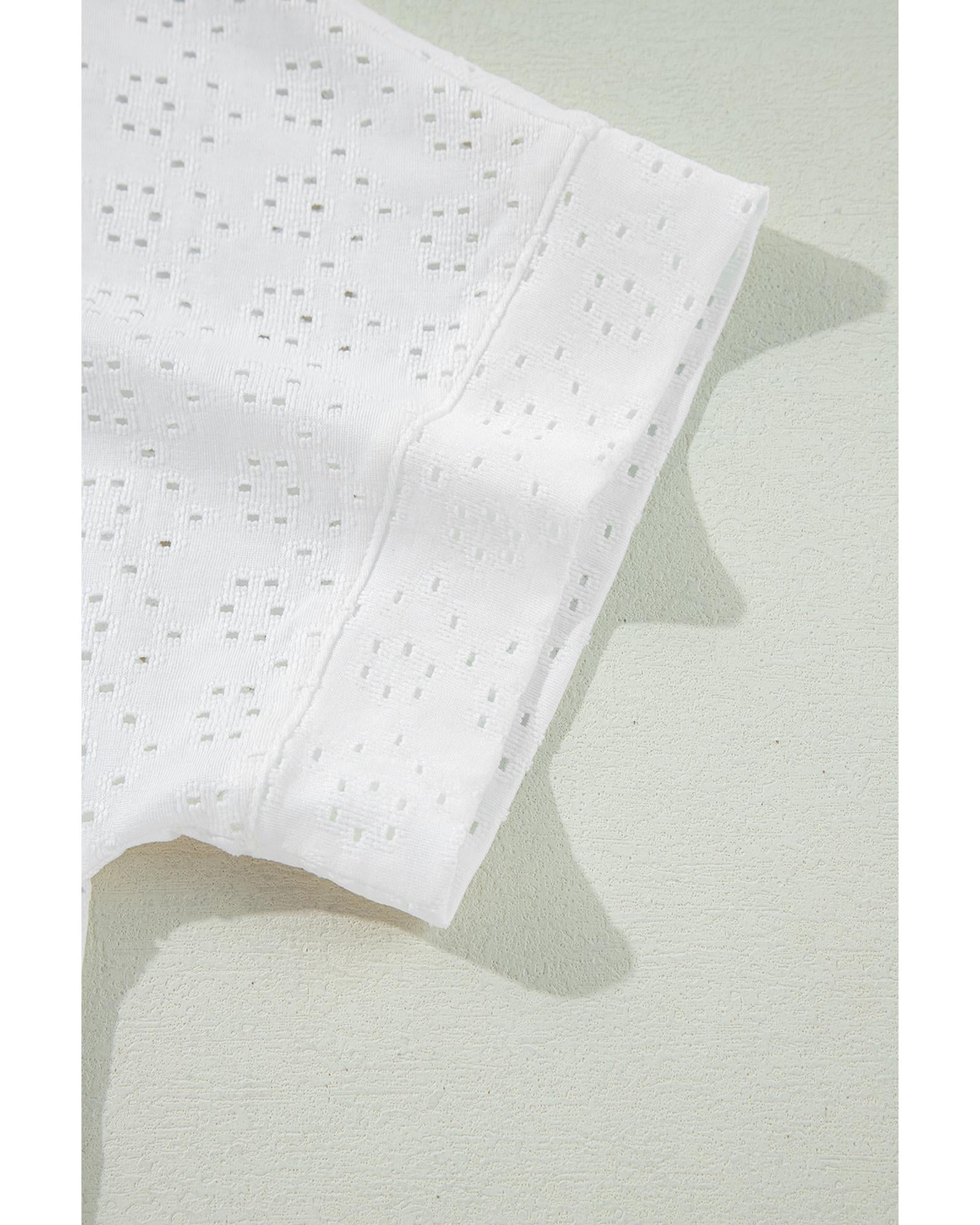 White Eyelet Pattern Boat Neck Casual Tee - L