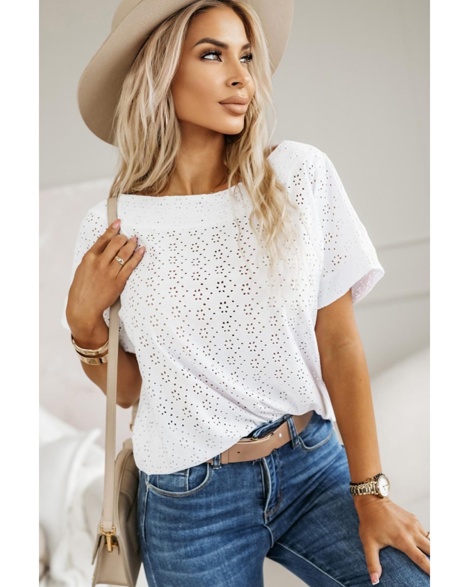 White Eyelet Pattern Boat Neck Casual Tee - M