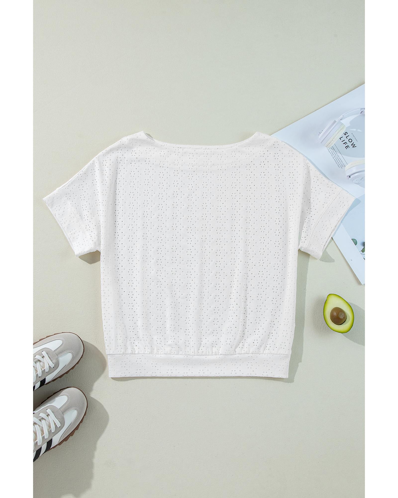 White Eyelet Pattern Boat Neck Casual Tee - M