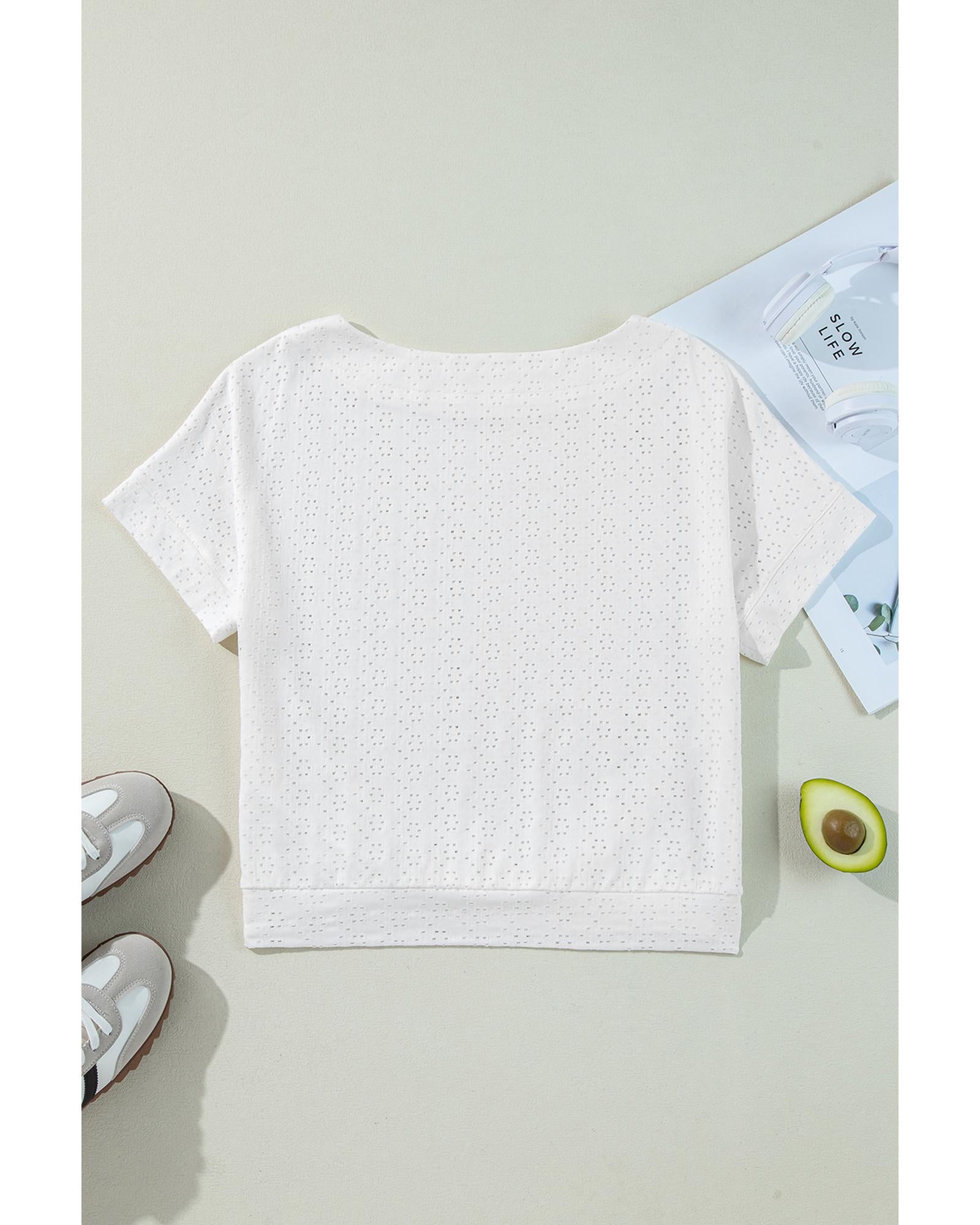 White Eyelet Pattern Boat Neck Casual Tee - M
