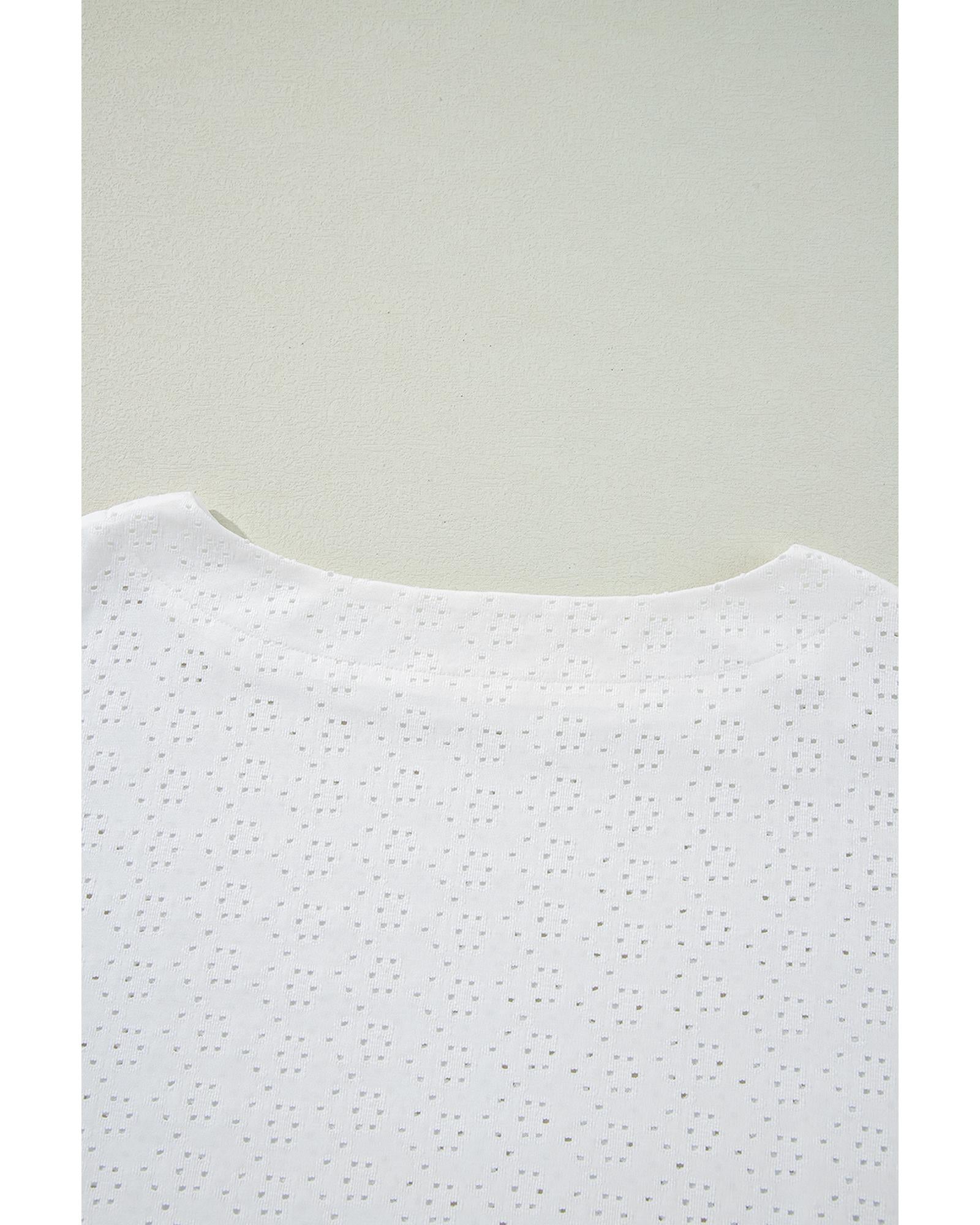 White Eyelet Pattern Boat Neck Casual Tee - M
