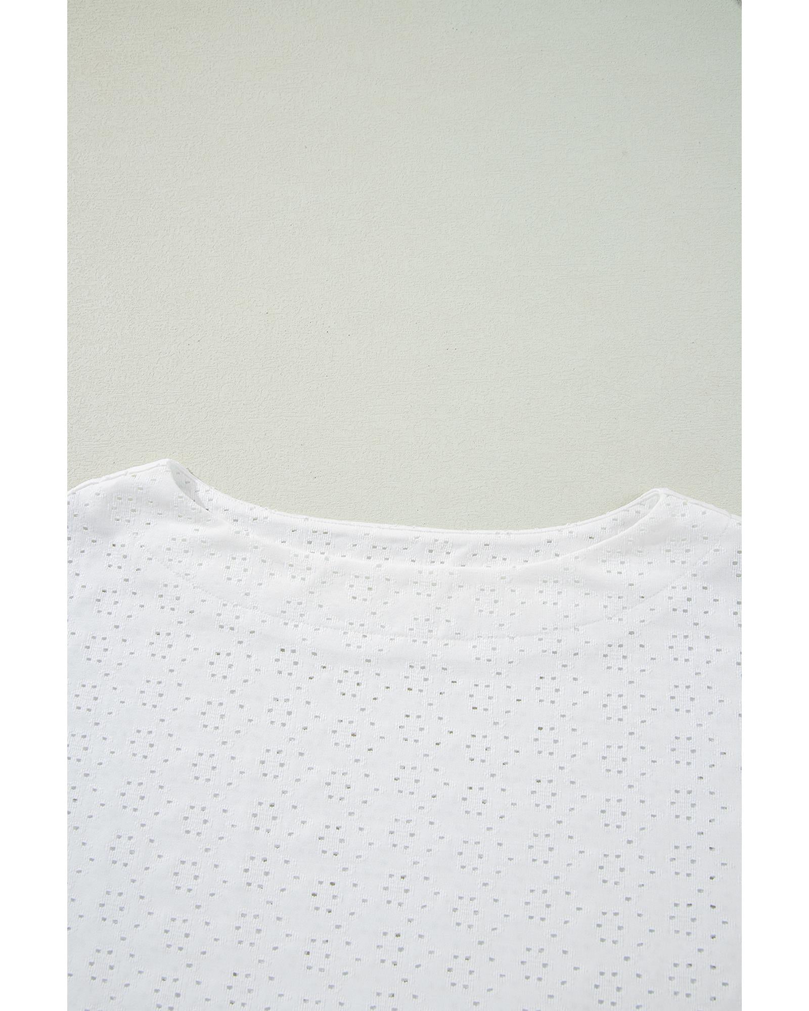 White Eyelet Pattern Boat Neck Casual Tee - M