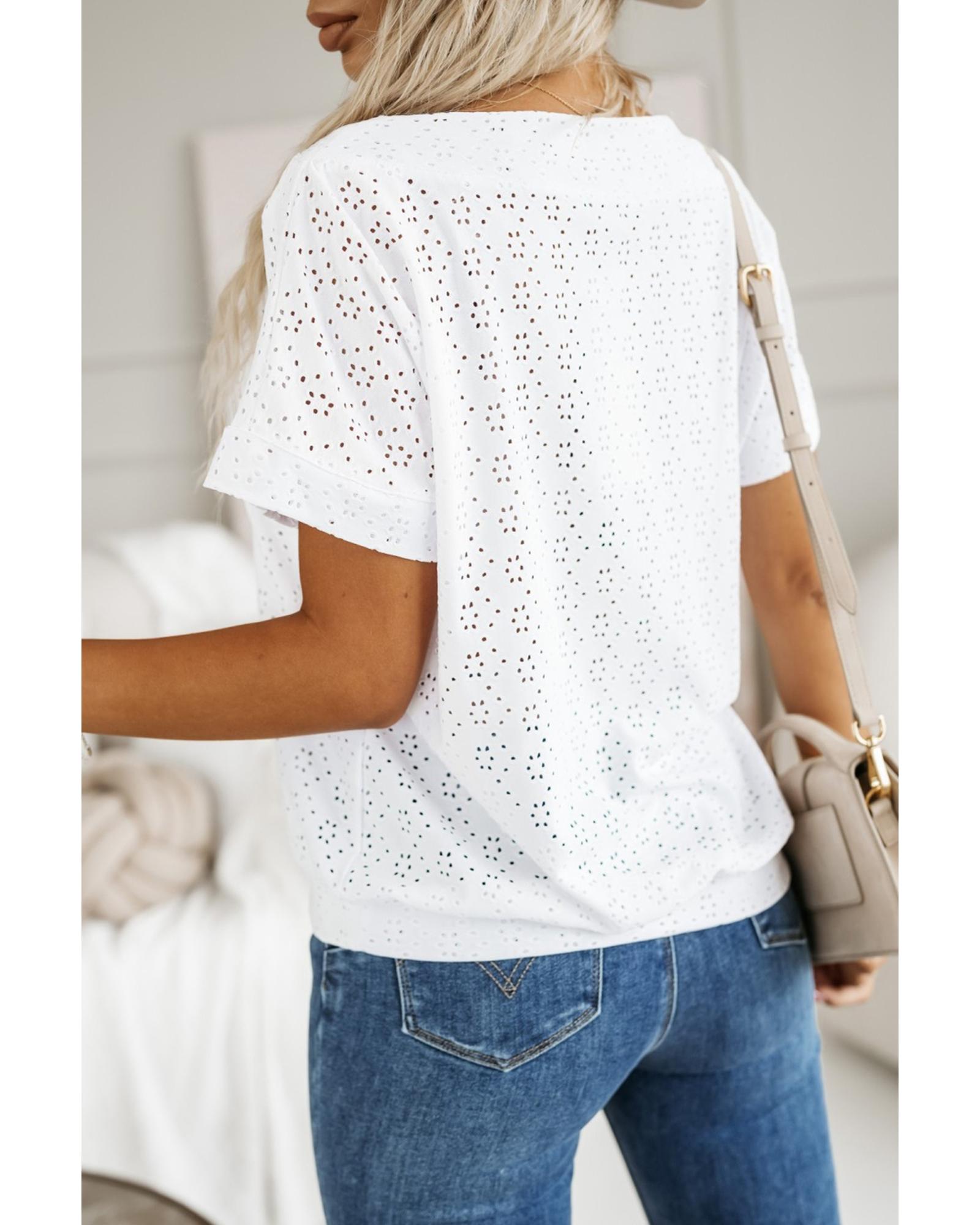 White Eyelet Pattern Boat Neck Casual Tee - S
