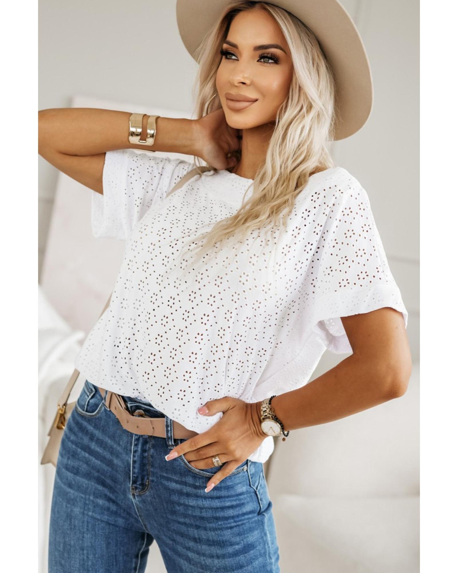 White Eyelet Pattern Boat Neck Casual Tee - S