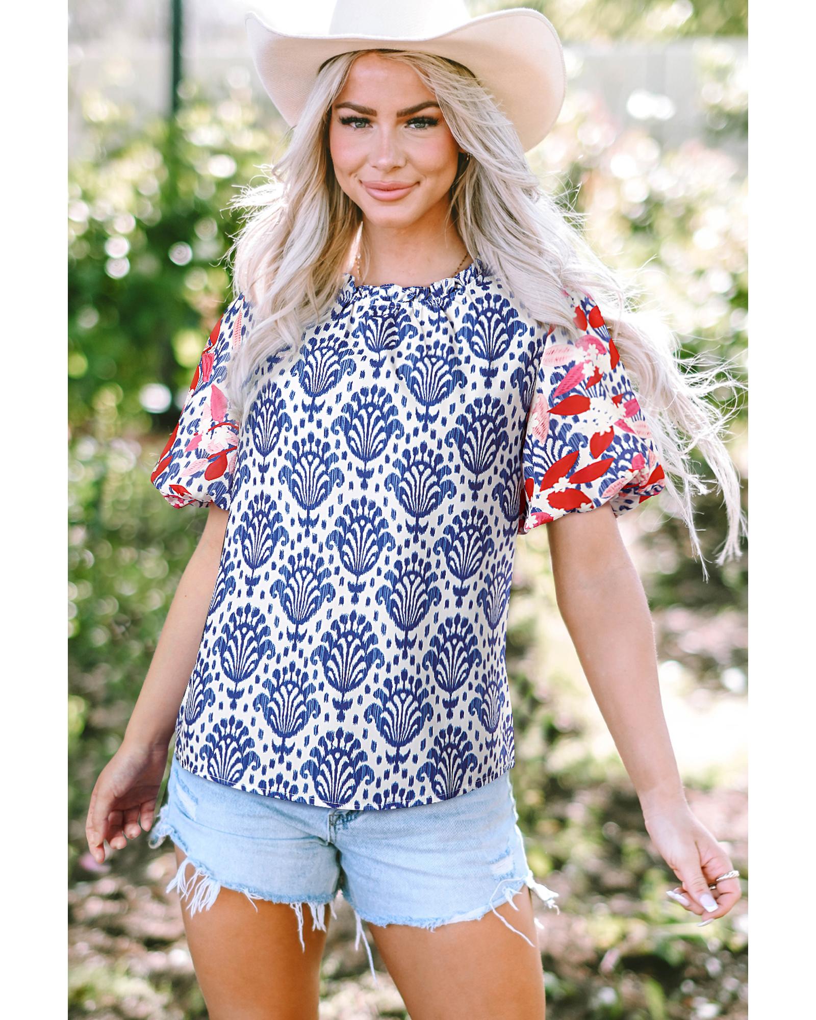 Blue Western Fashion Print Floral Puff Sleeve Frilled Neck Blouse - M