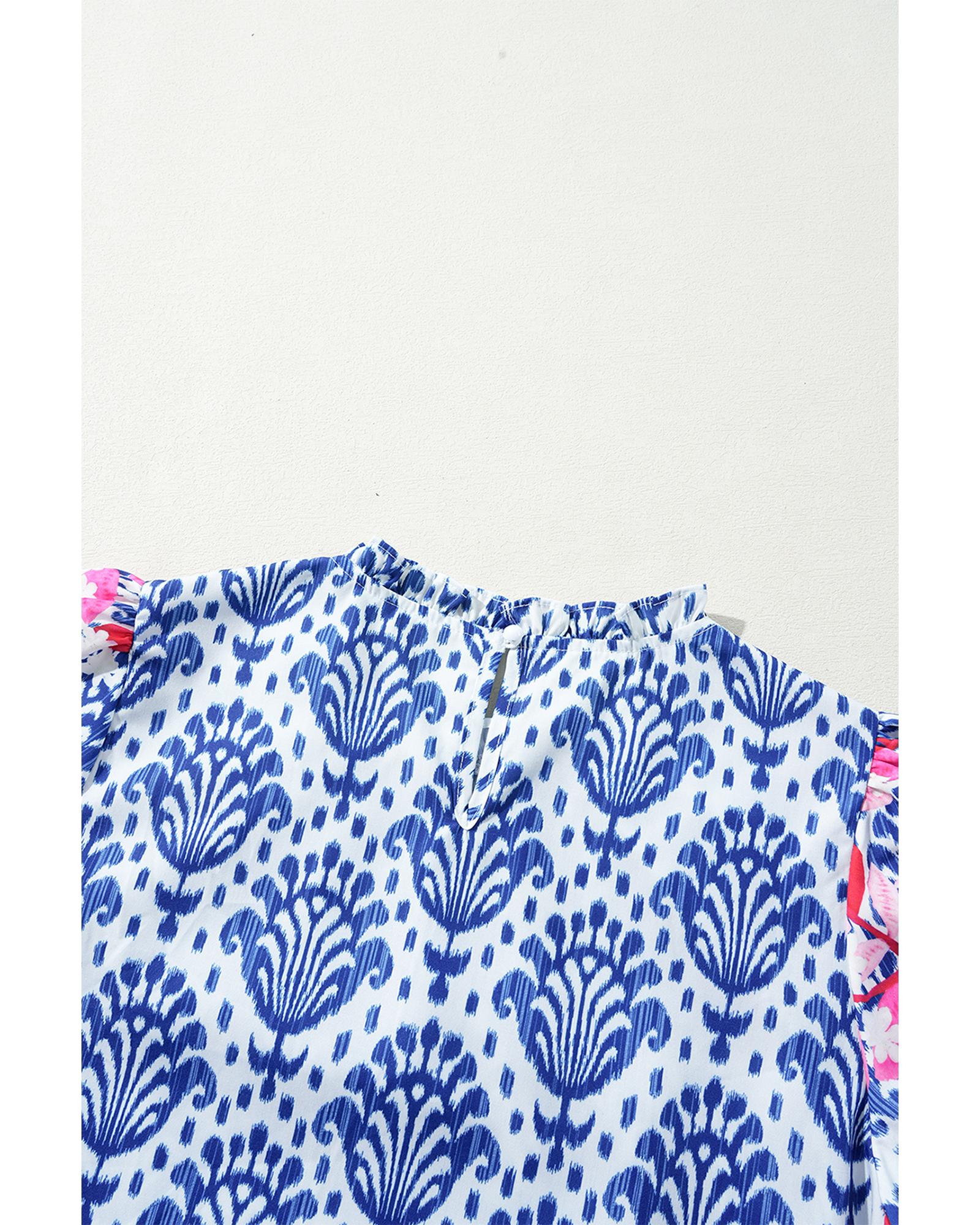 Blue Western Fashion Print Floral Puff Sleeve Frilled Neck Blouse - M