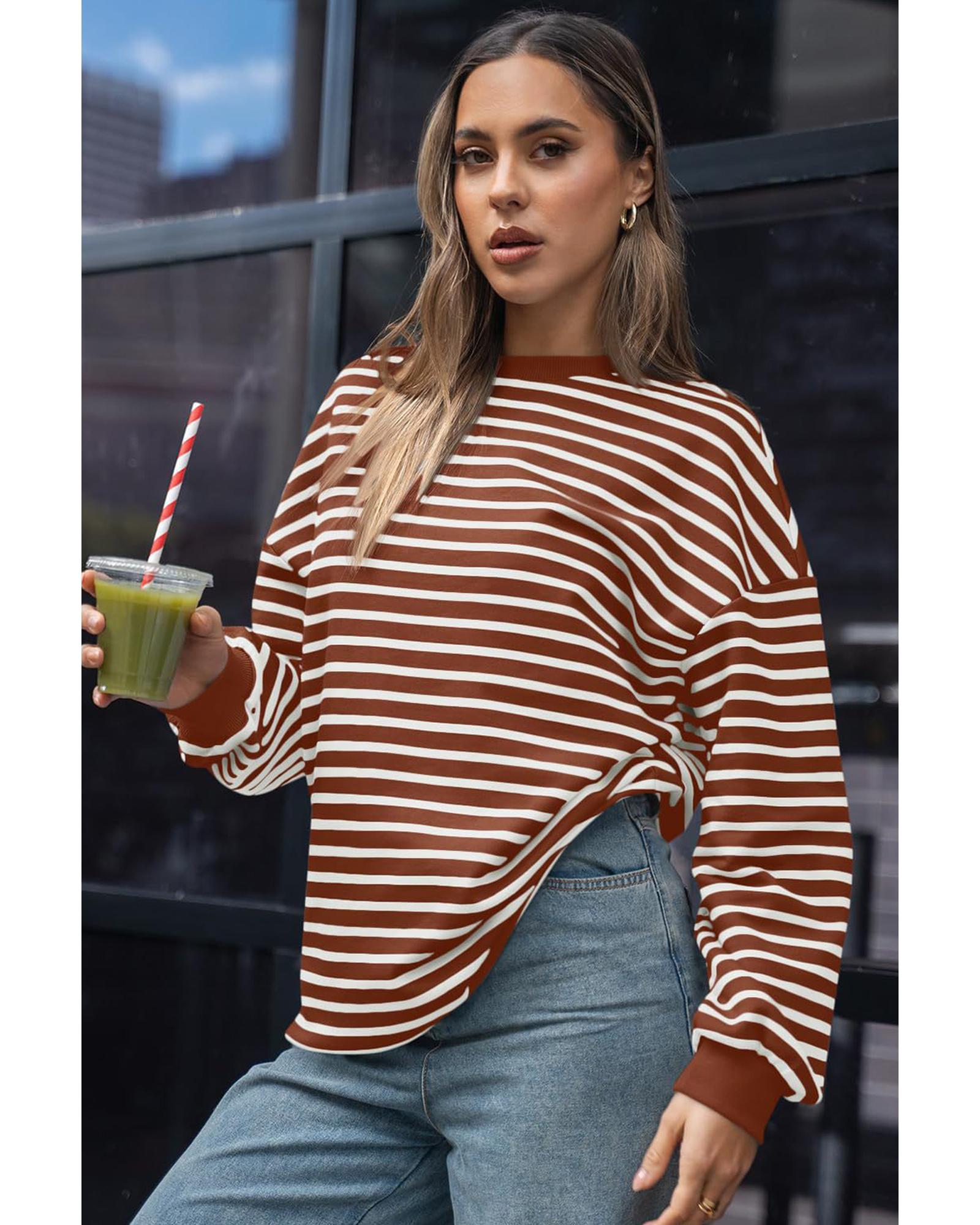 Coffee Striped Long Sleeve Round Neck Loose Top - L