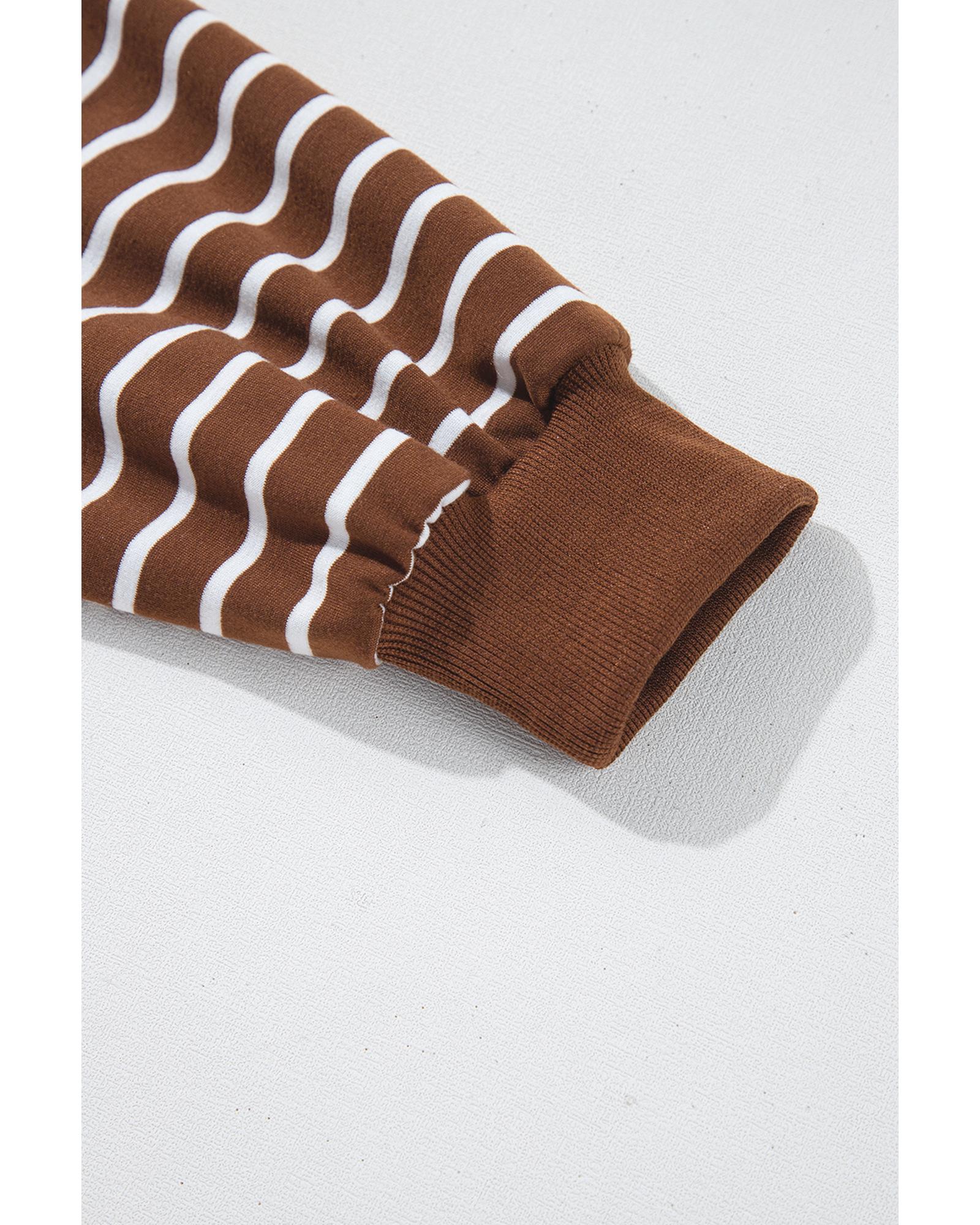 Coffee Striped Long Sleeve Round Neck Loose Top - L