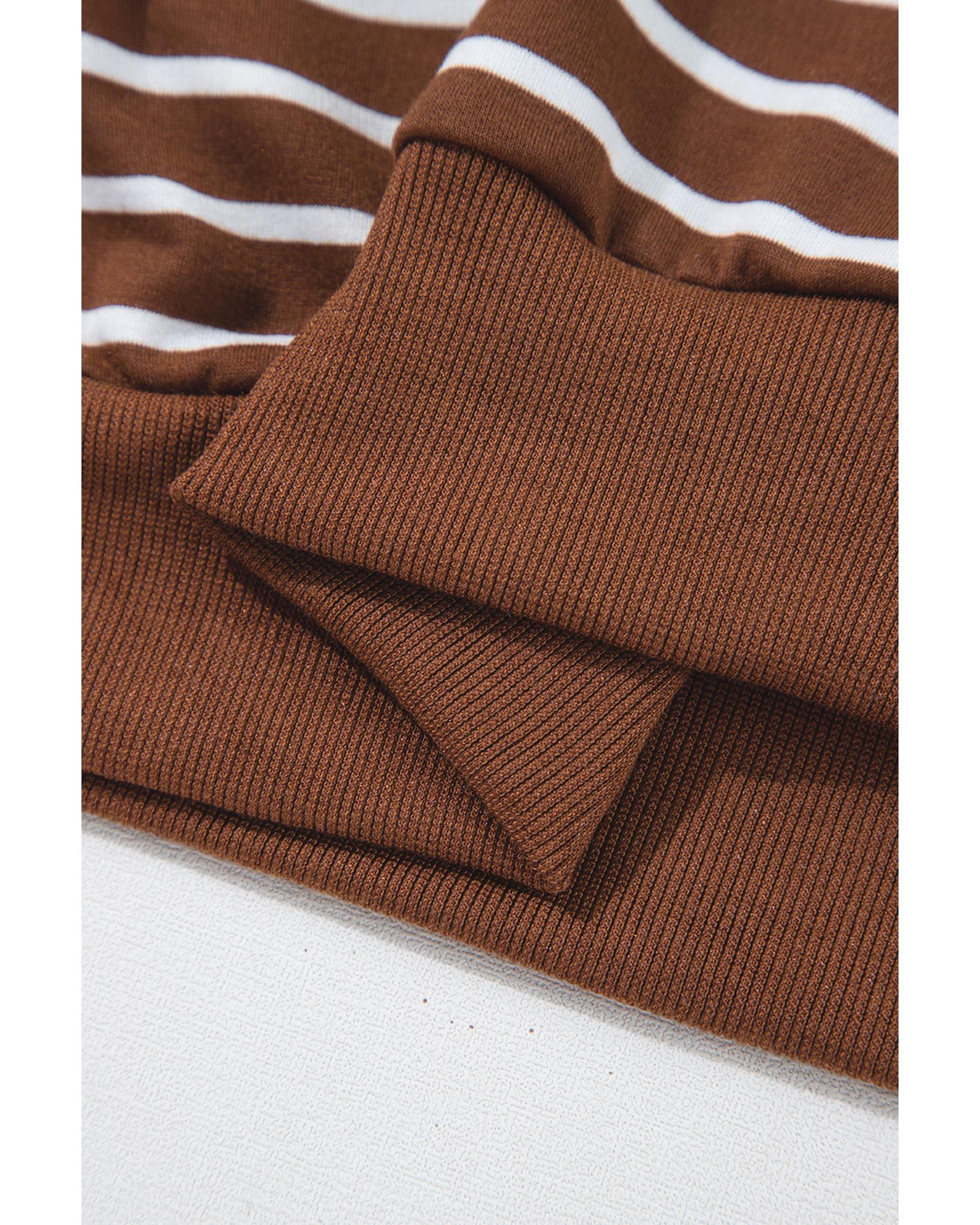 Coffee Striped Long Sleeve Round Neck Loose Top - L