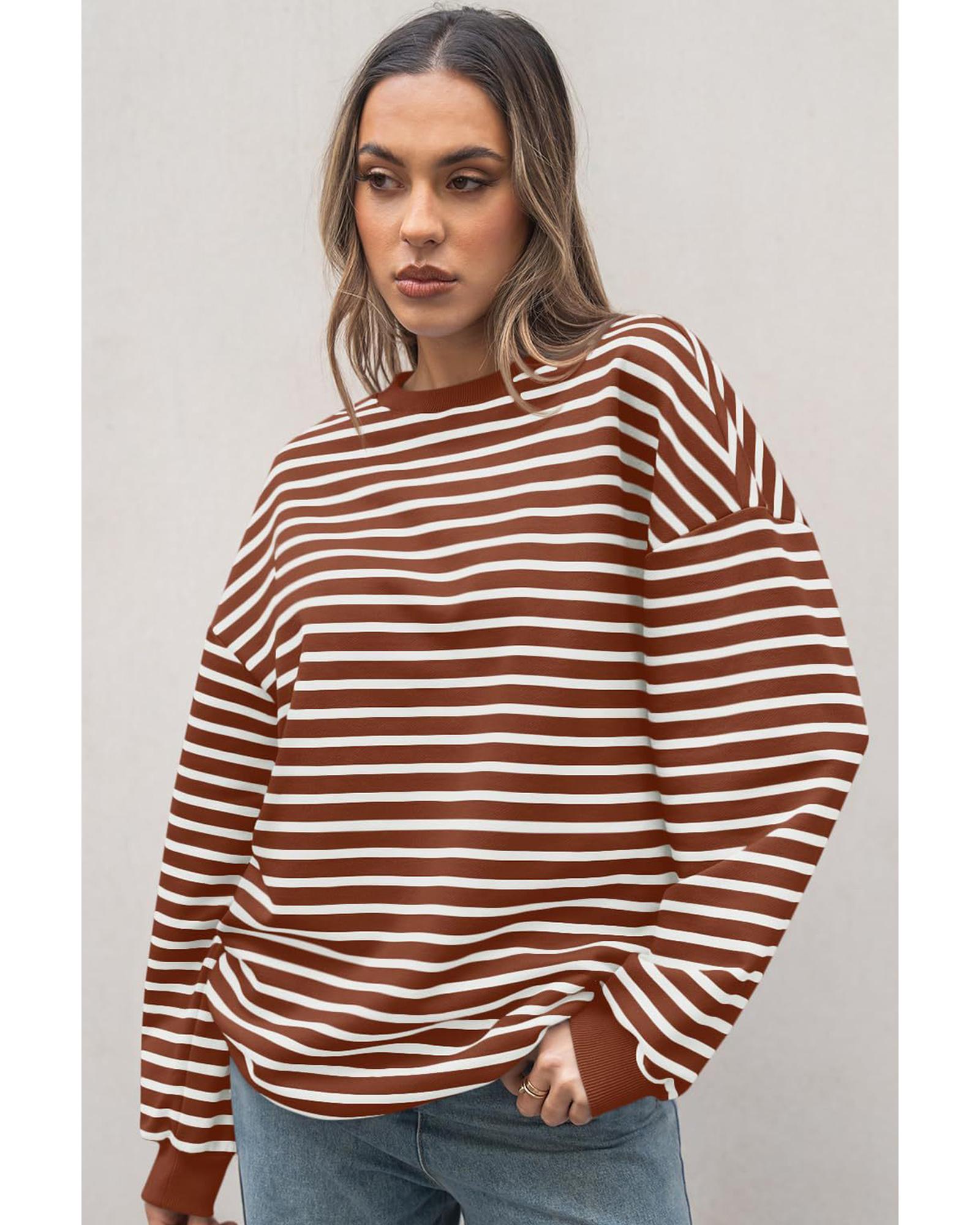 Coffee Striped Long Sleeve Round Neck Loose Top - M