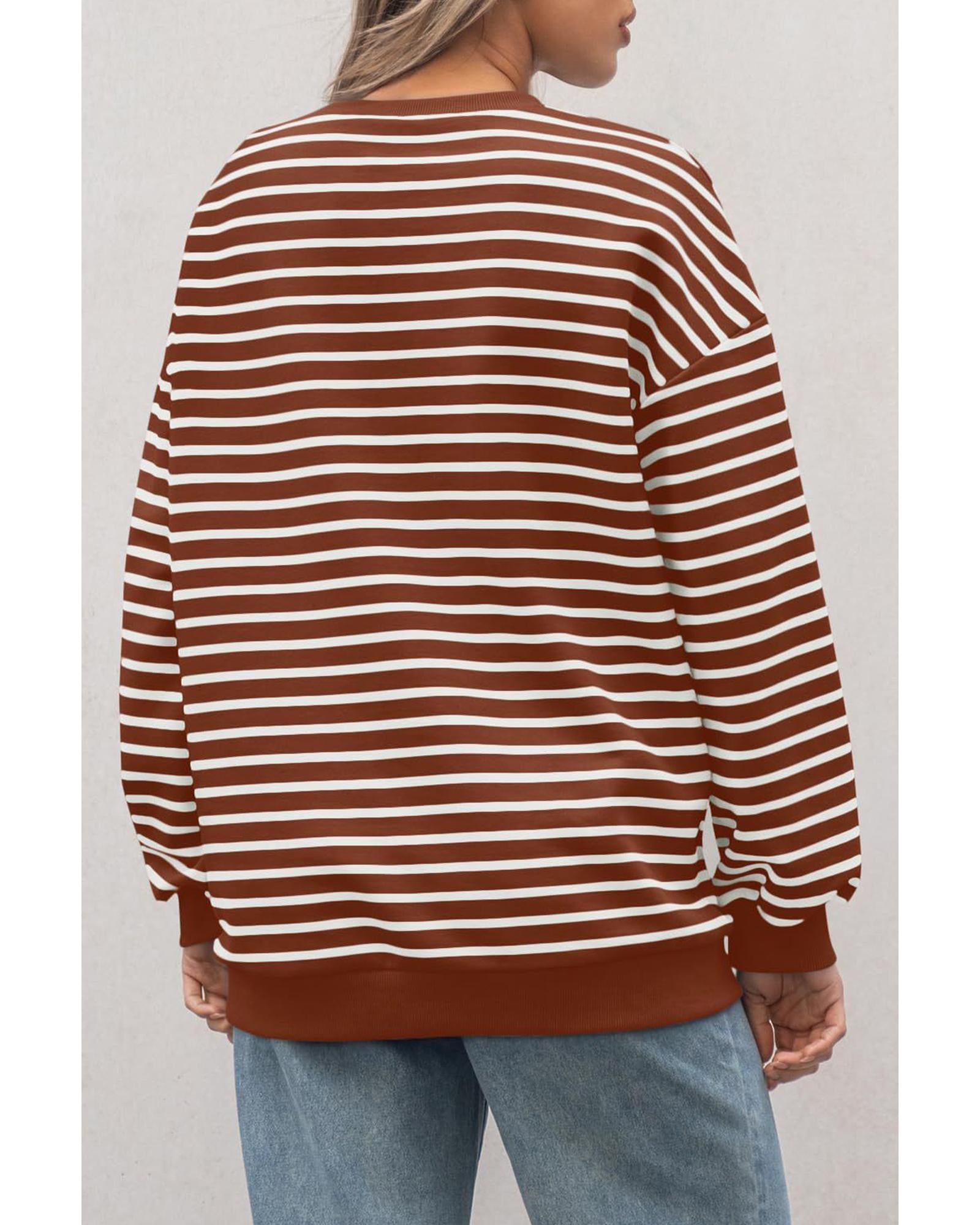 Coffee Striped Long Sleeve Round Neck Loose Top - S