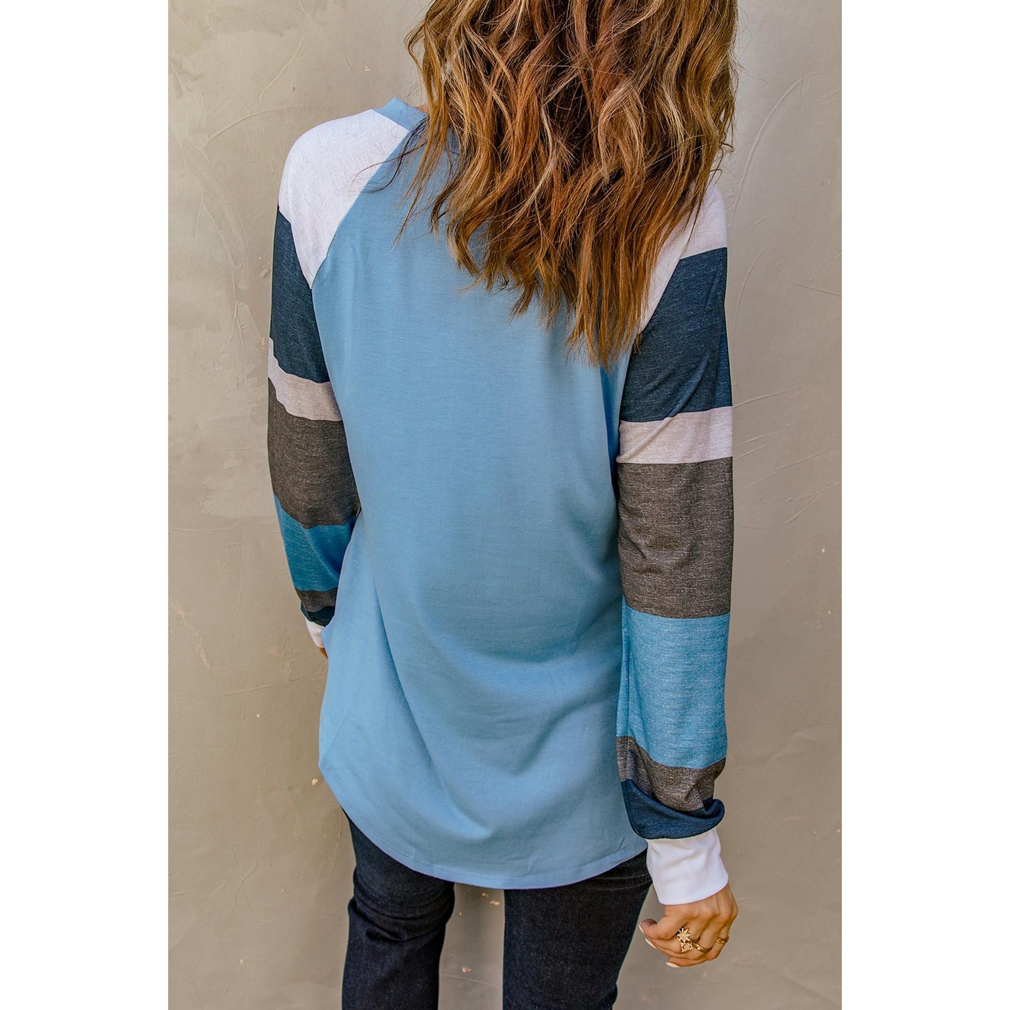 Azura Exchange Blue Color Block Long Sleeves Pullover Top - L