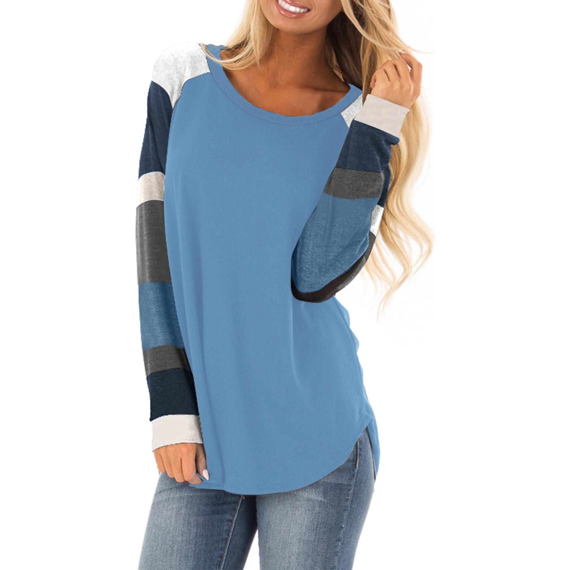 Azura Exchange Blue Color Block Long Sleeves Pullover Top - L