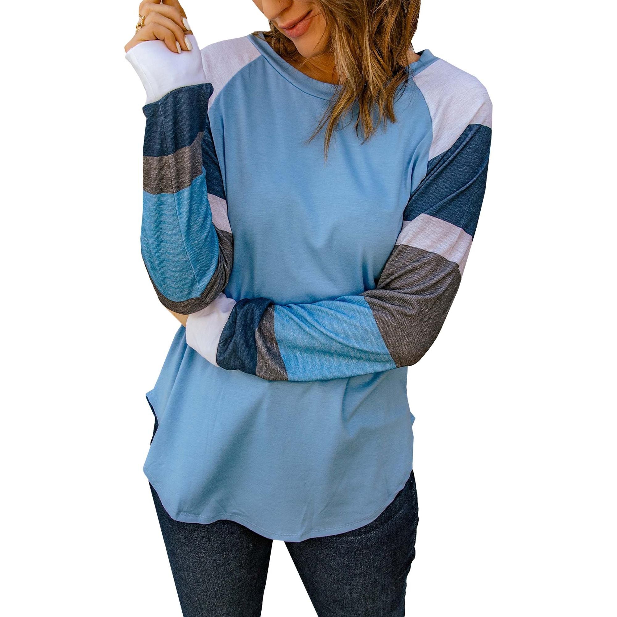 Azura Exchange Blue Color Block Long Sleeves Pullover Top - M