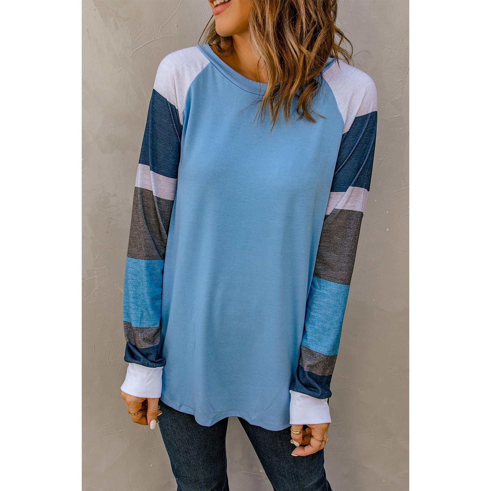 Azura Exchange Blue Color Block Long Sleeves Pullover Top - M