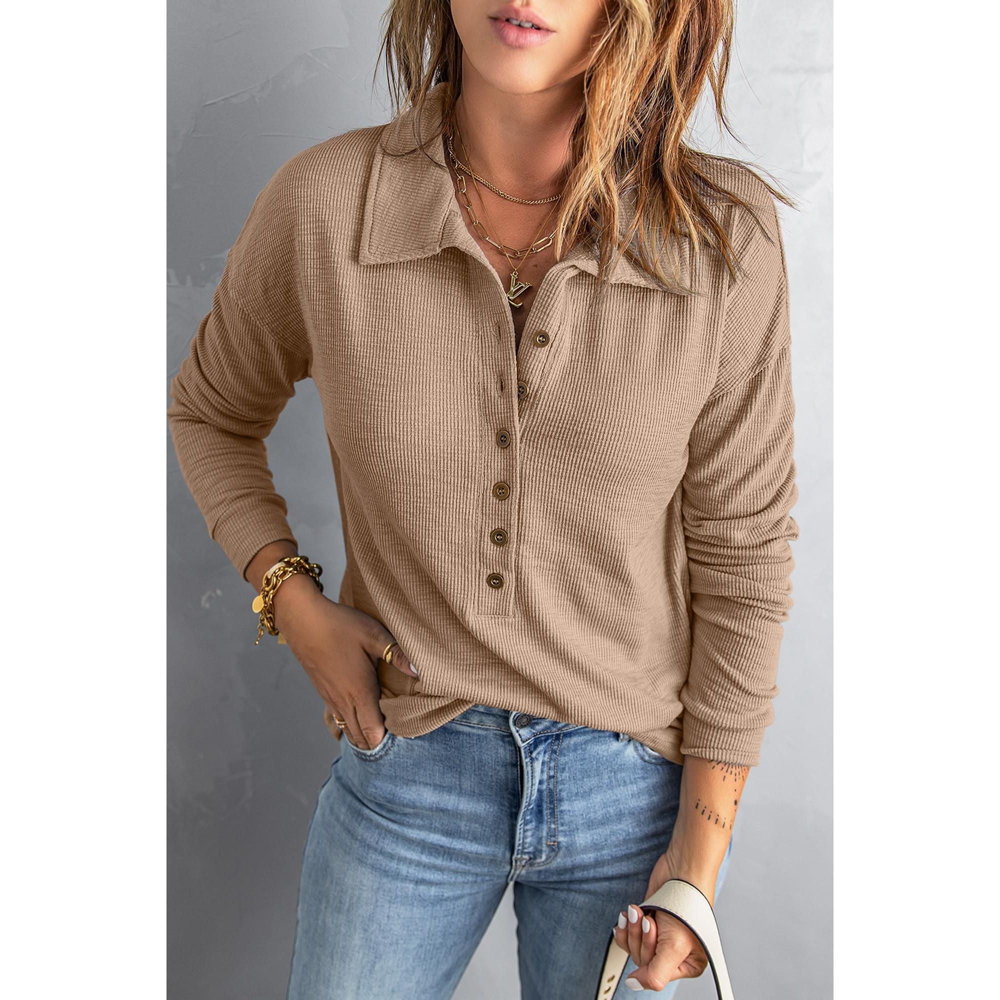 Azura Exchange Button Front Turn-down Neck Knit Top - S