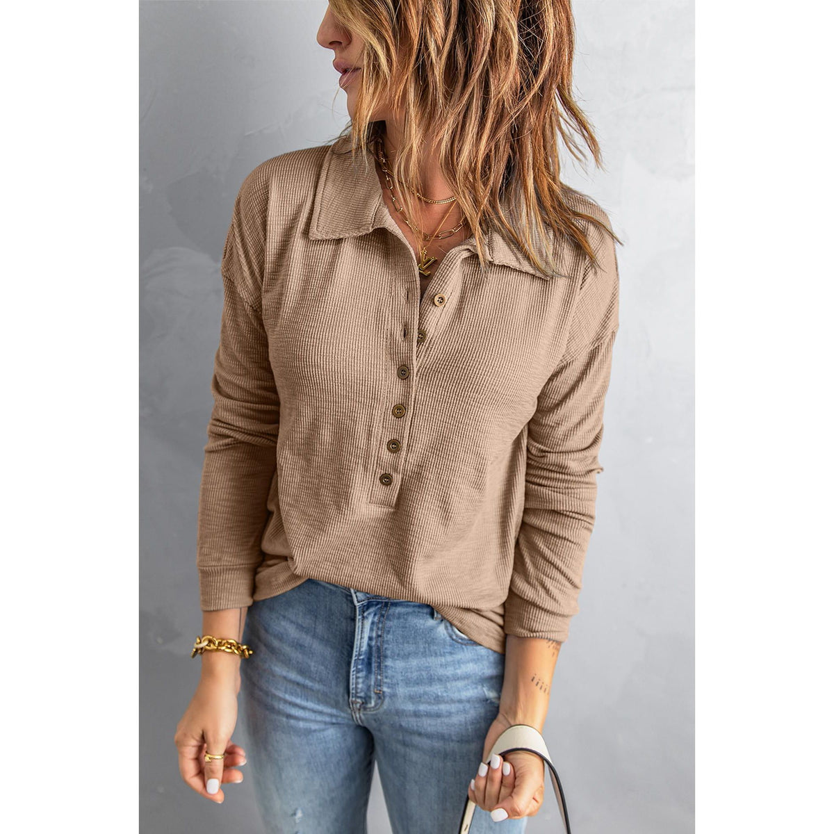 Azura Exchange Button Front Turn-down Neck Knit Top - XL