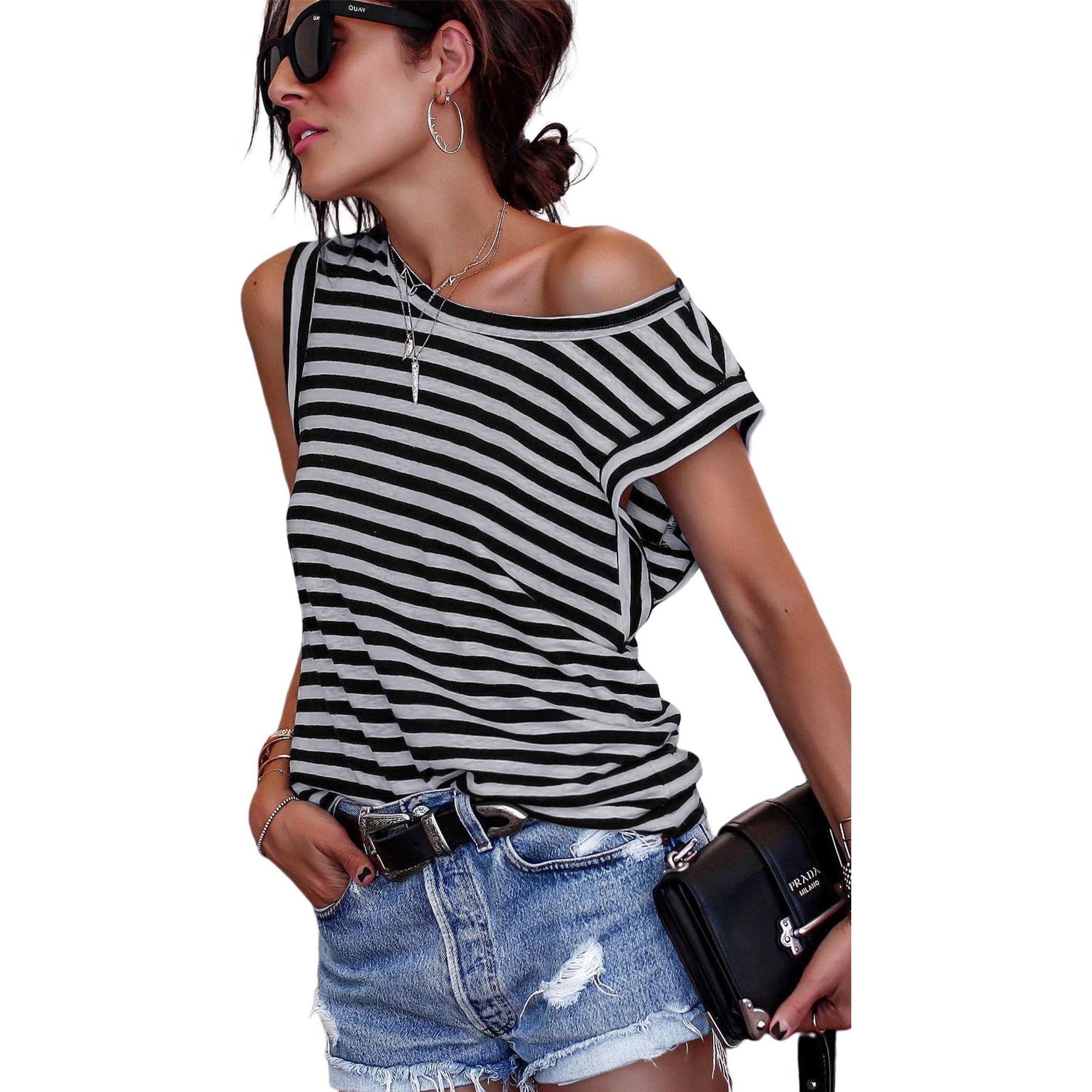 Azura Exchange Butterfly Sleeve Striped T-Shirt - L