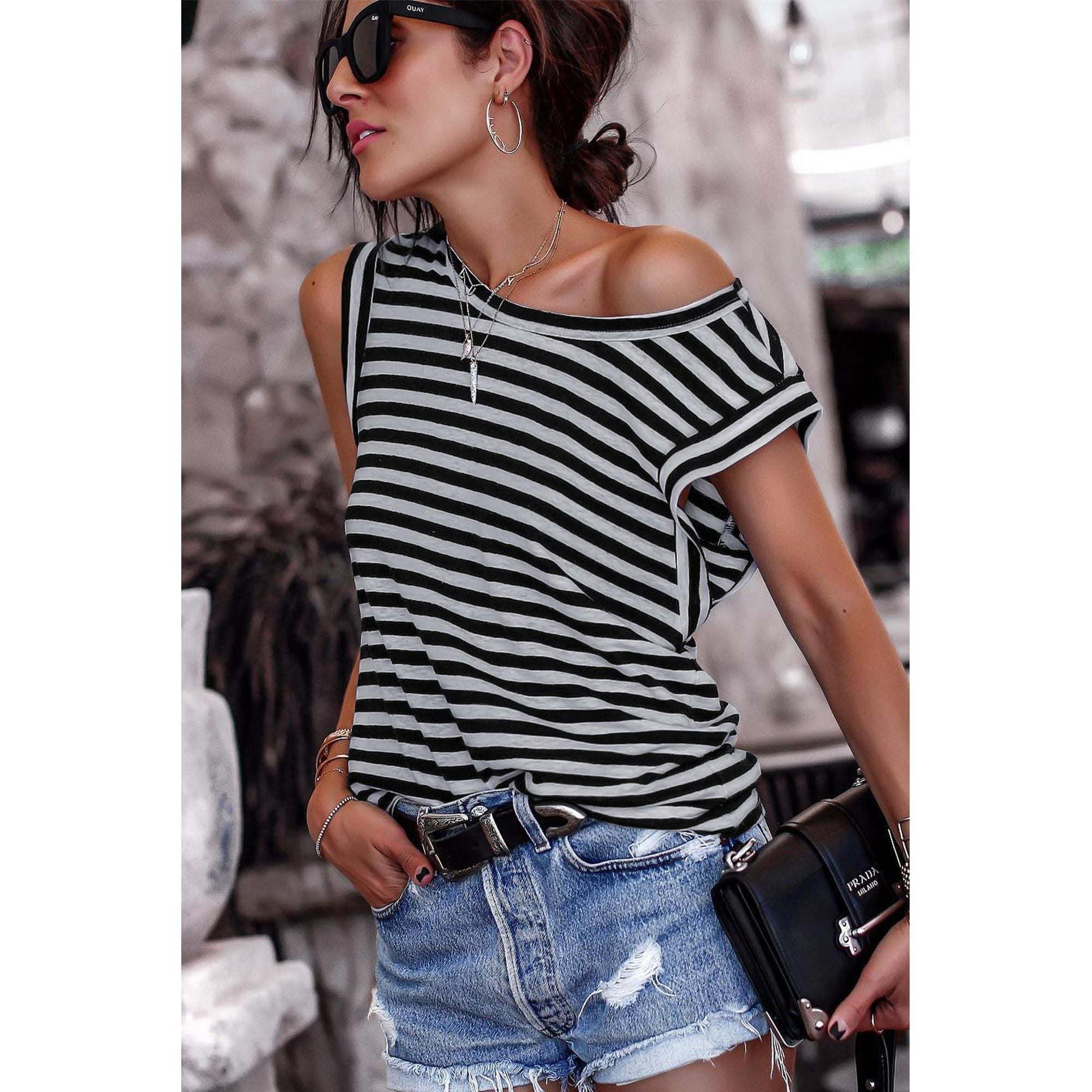 Azura Exchange Butterfly Sleeve Striped T-Shirt - M