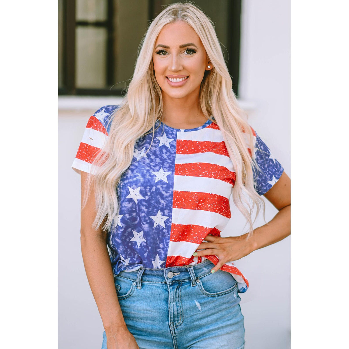 Azura Exchange American Flag Print Distressed Crew Neck T-Shirt - L