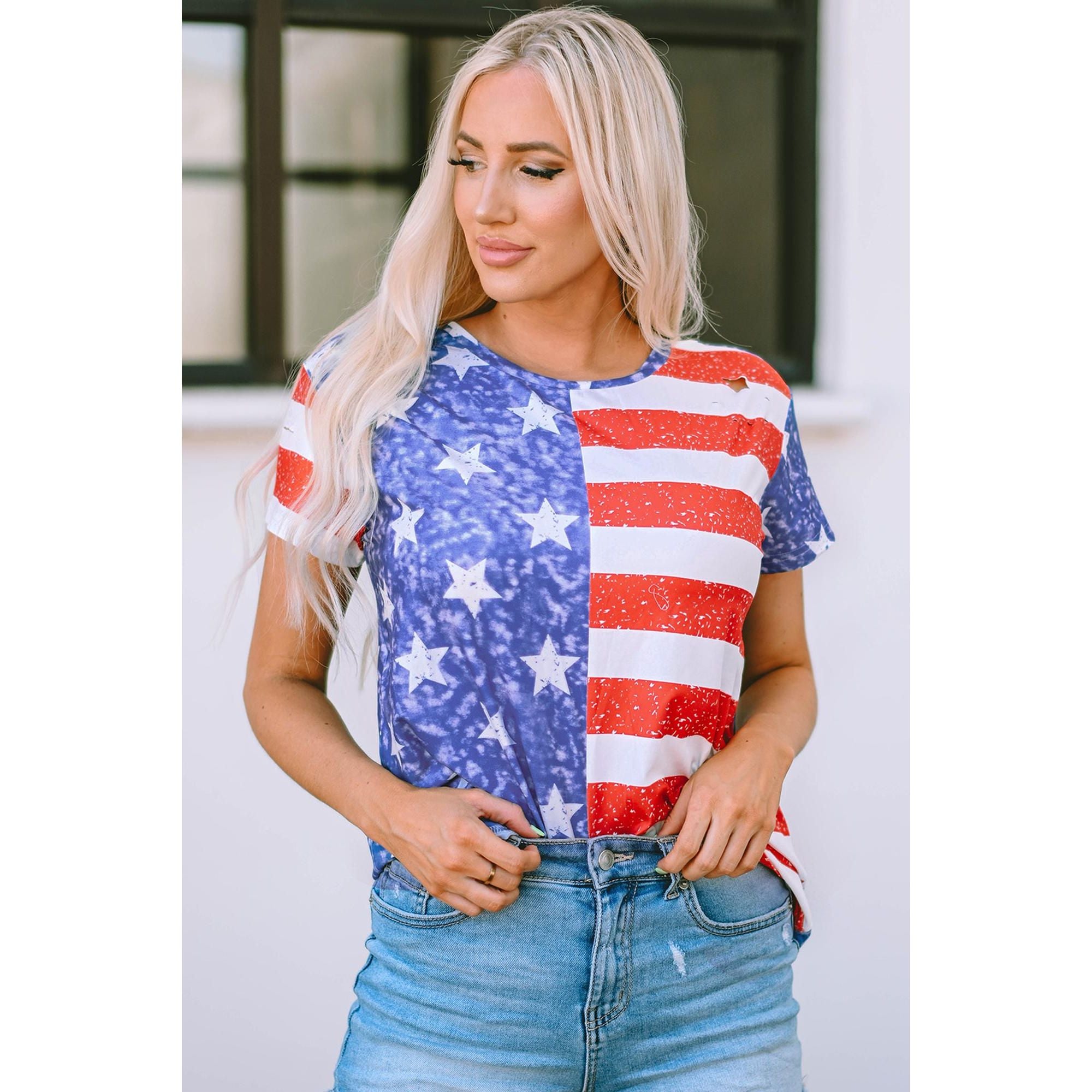 Azura Exchange American Flag Print Distressed Crew Neck T-Shirt - L