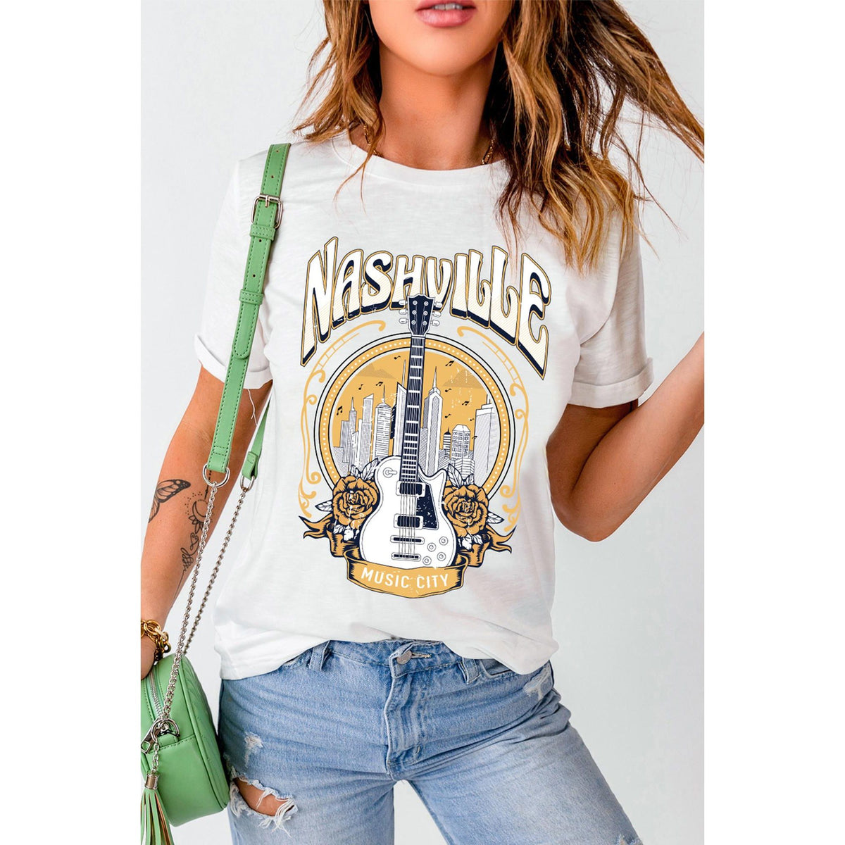 Azura Exchange Nashville Guitar Floral Print T-Shirt - L