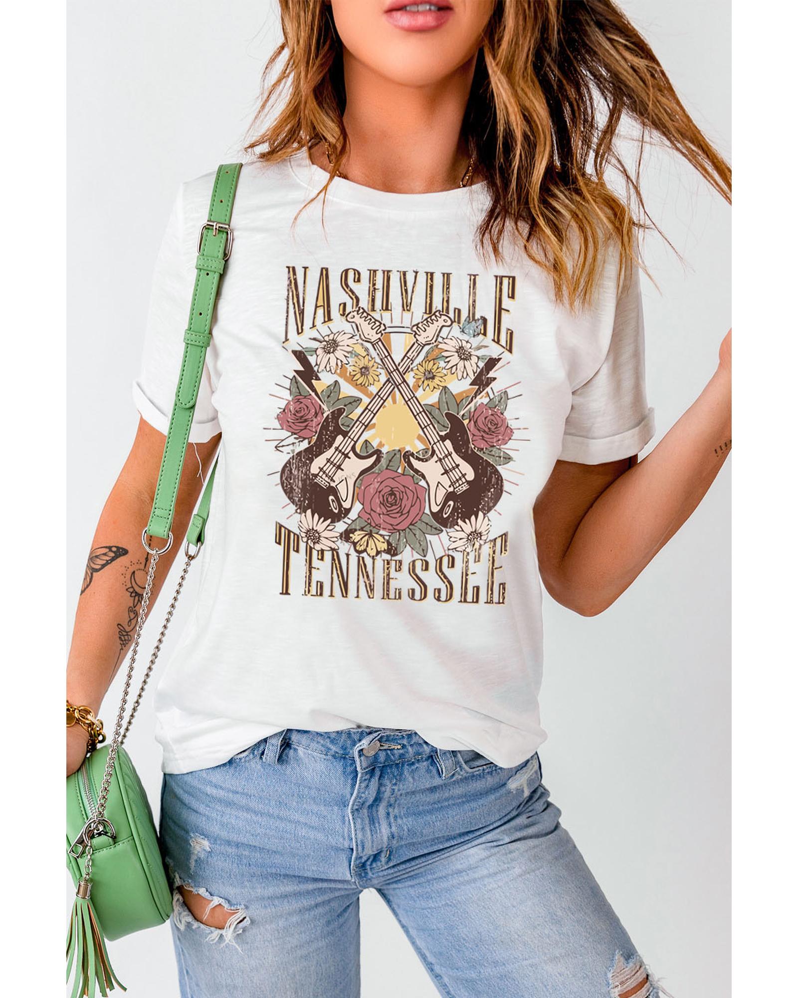 Azura Exchange White Nashville Tennessee Guitar Rose Graphic Crewneck Tee - 2XL