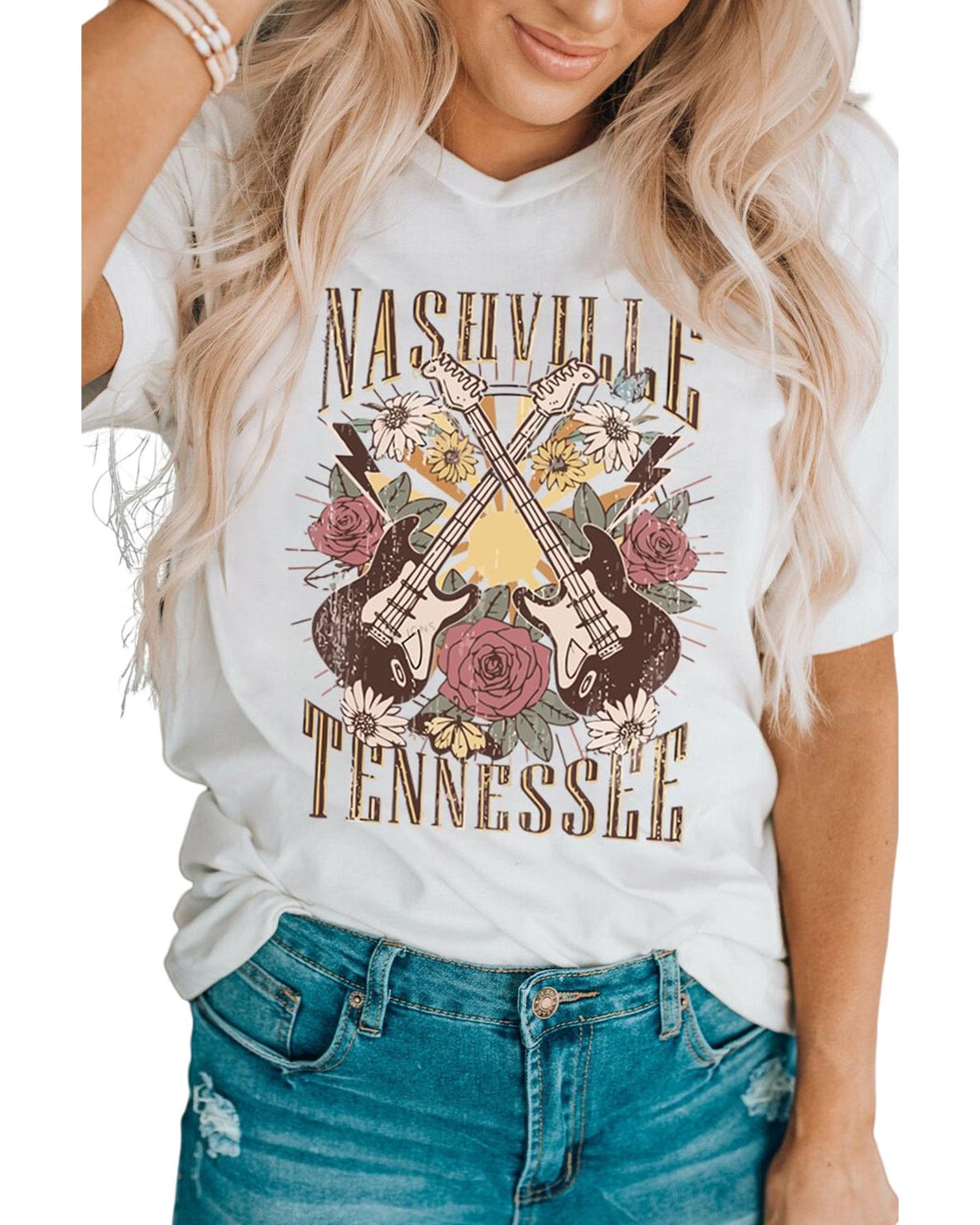Azura Exchange White Nashville Tennessee Guitar Rose Graphic Crewneck Tee - M