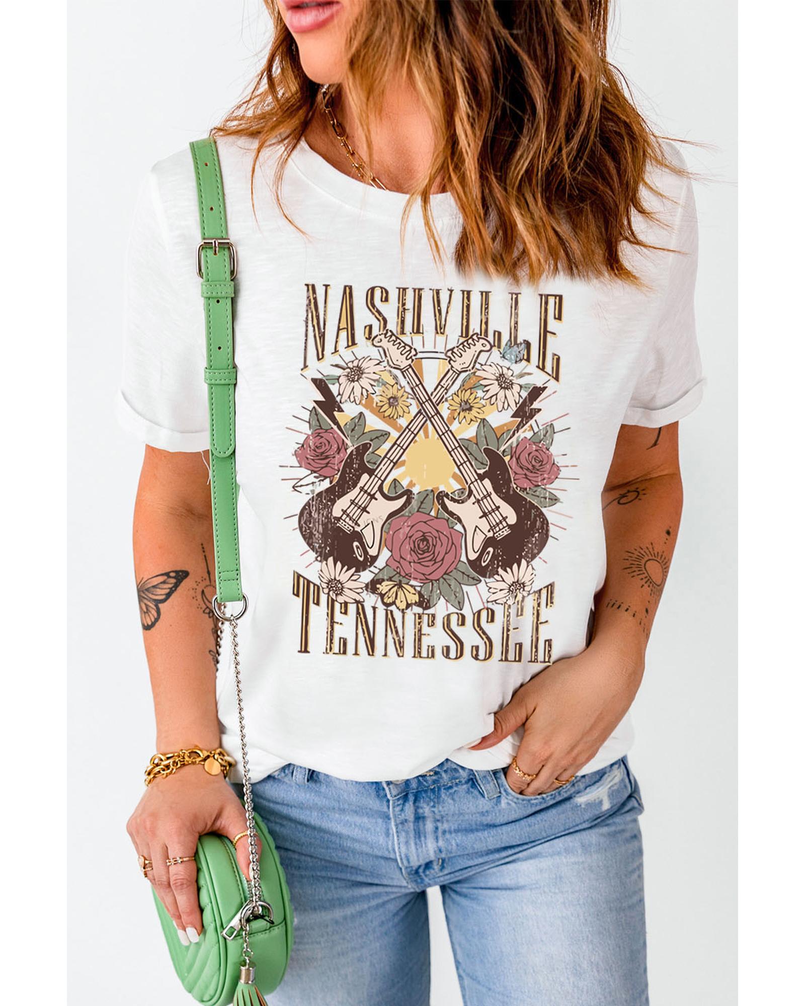 Azura Exchange White Nashville Tennessee Guitar Rose Graphic Crewneck Tee - M