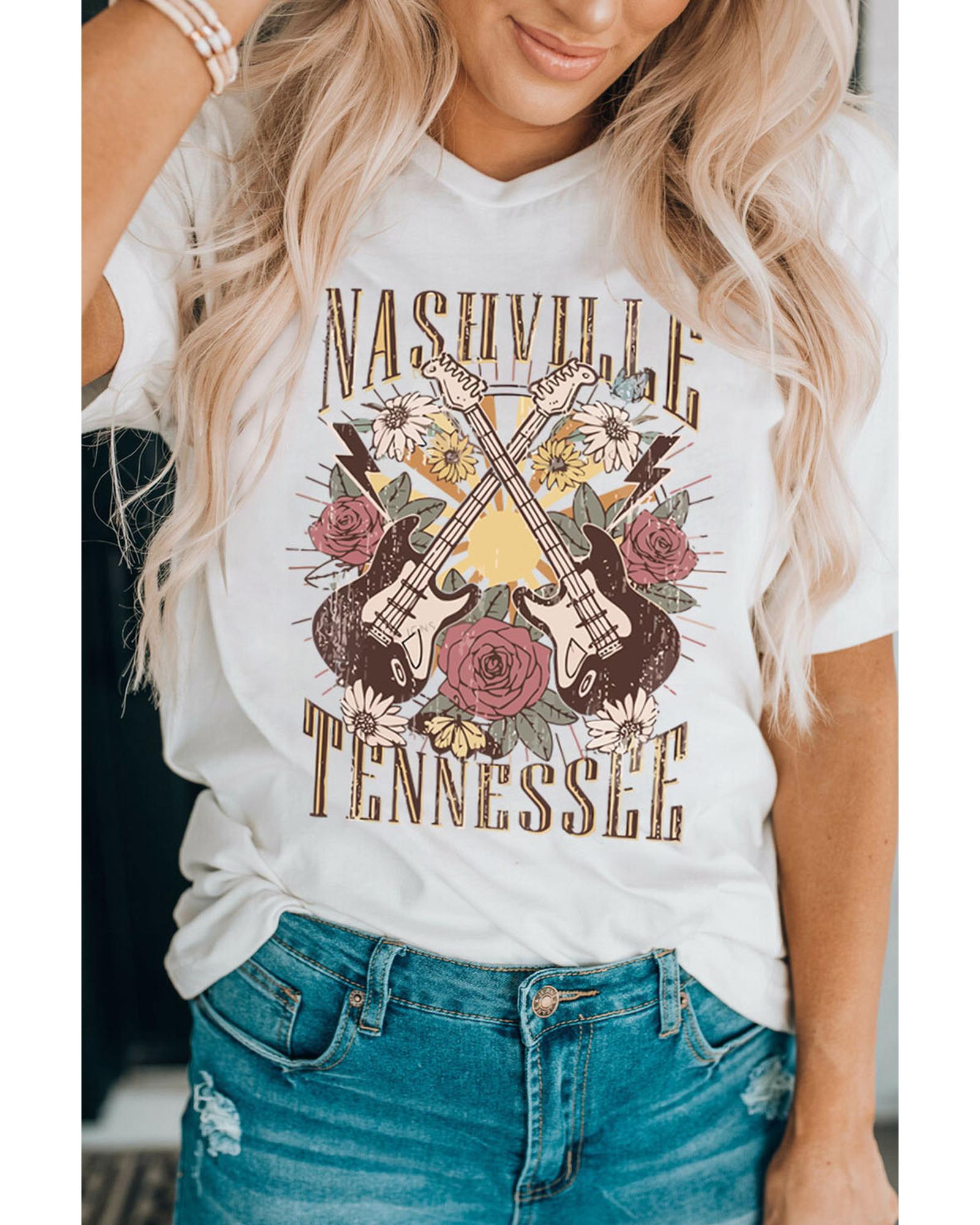 Azura Exchange White Nashville Tennessee Guitar Rose Graphic Crewneck Tee - M