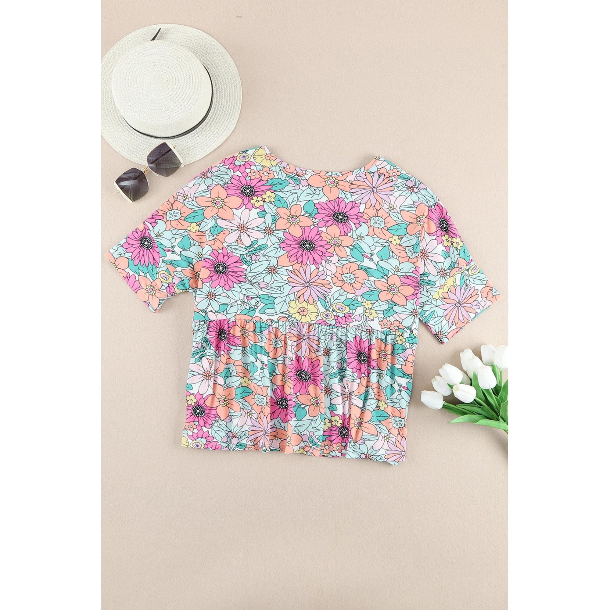 Azura Exchange Bohemian Flower Print Flowy Short Sleeve Top - M