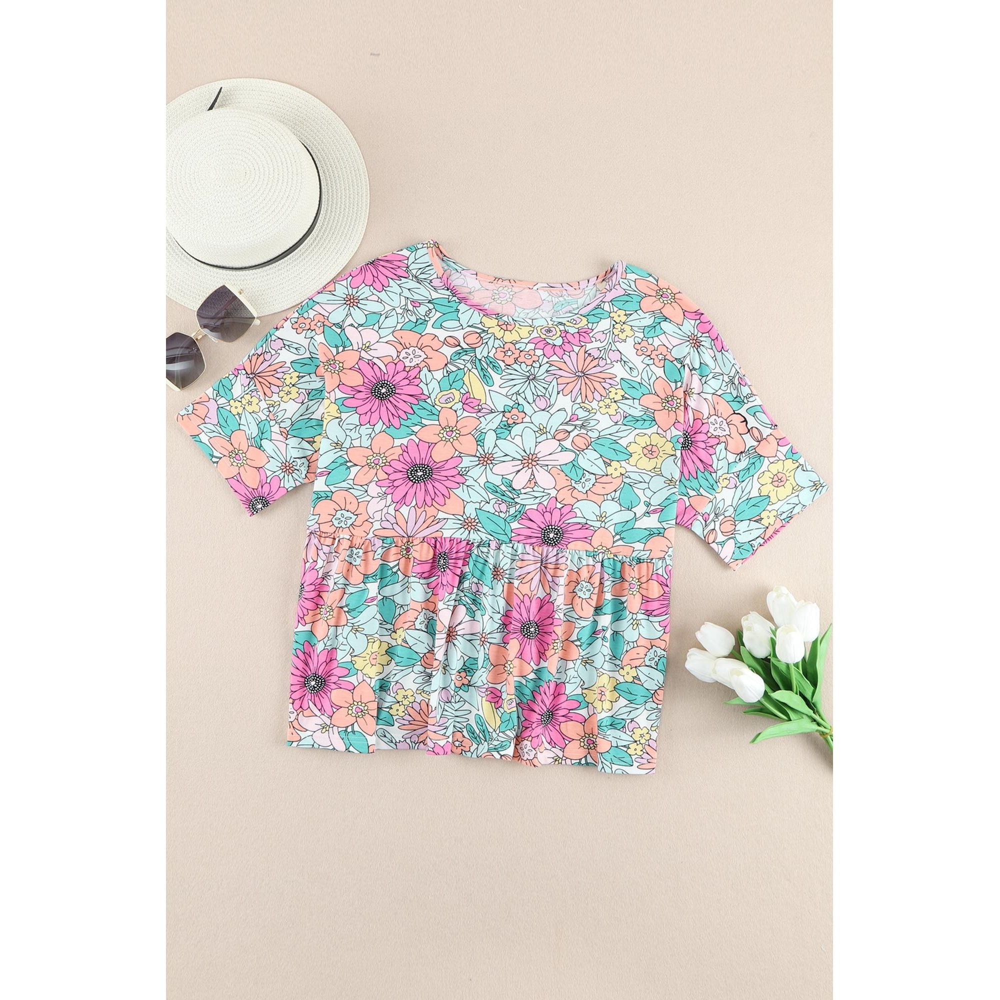 Azura Exchange Bohemian Flower Print Flowy Short Sleeve Top - M