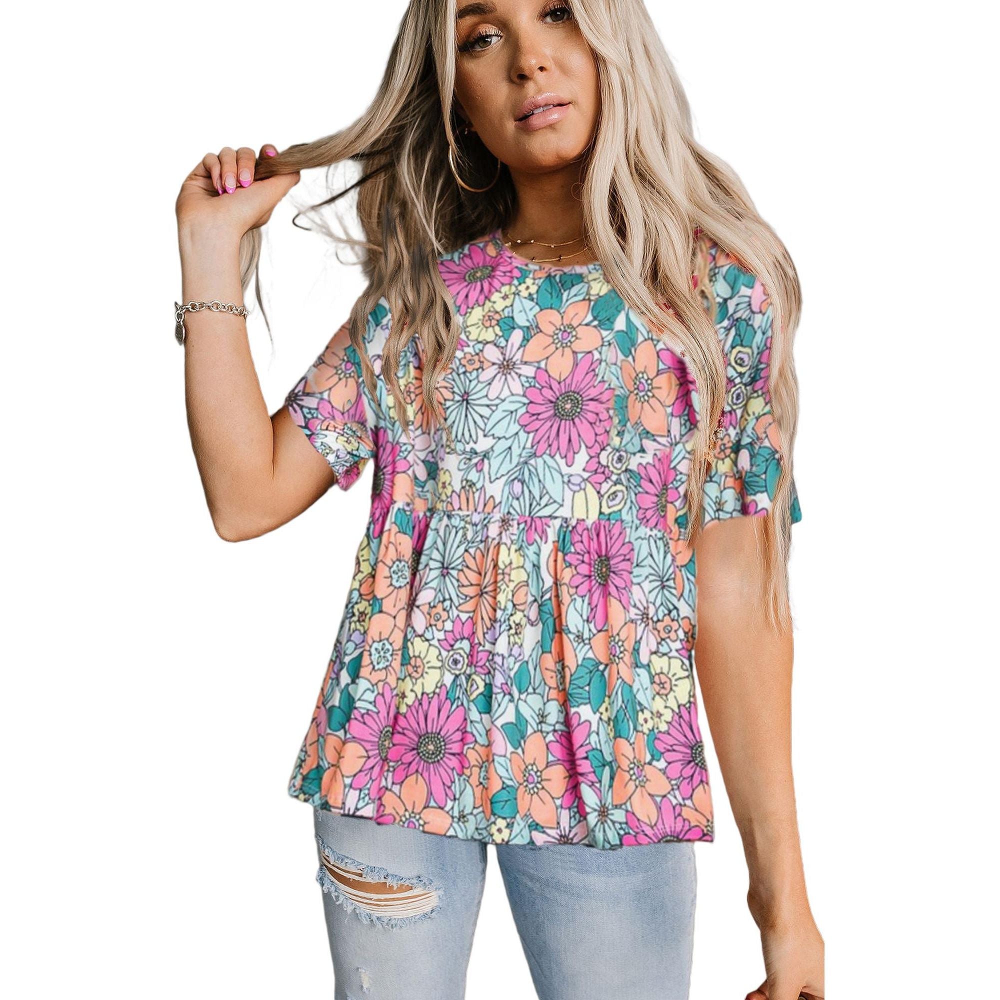 Azura Exchange Bohemian Flower Print Flowy Short Sleeve Top - M