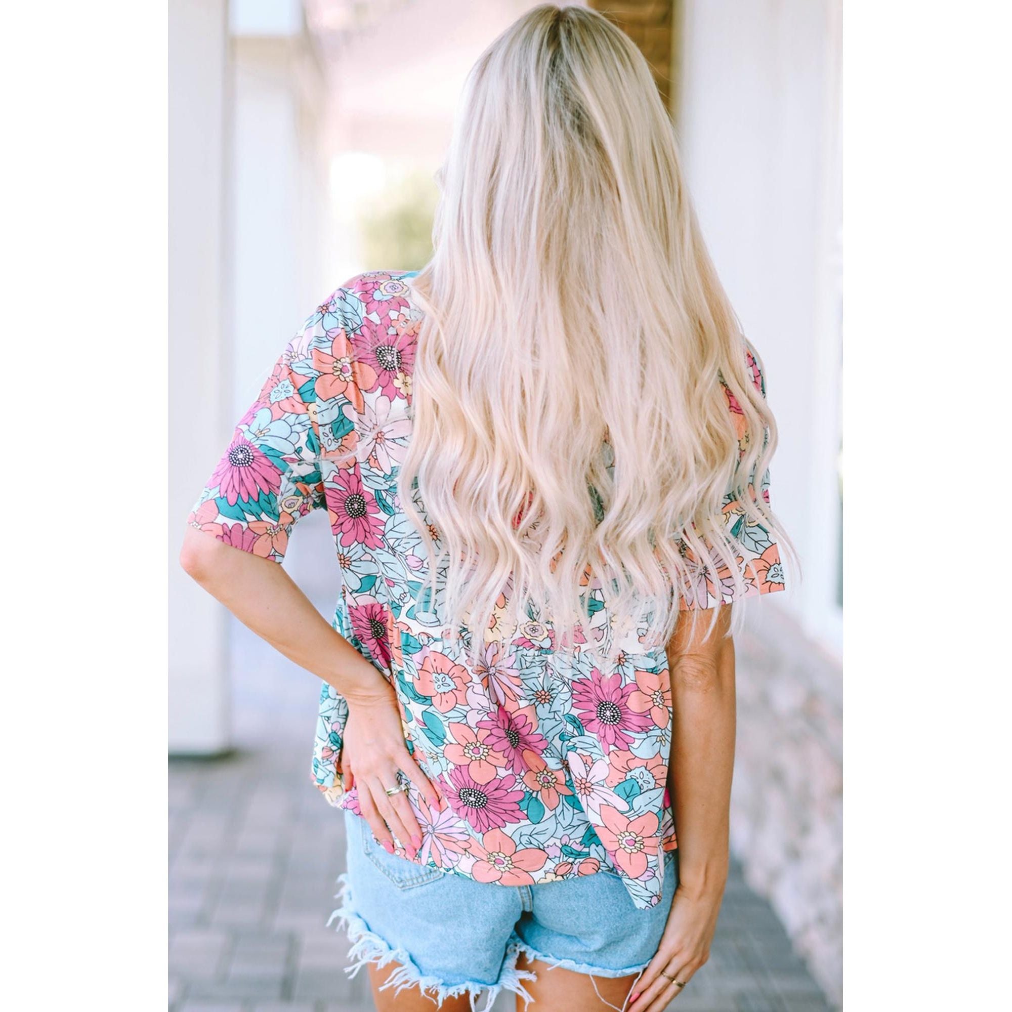 Azura Exchange Bohemian Flower Print Flowy Short Sleeve Top - M