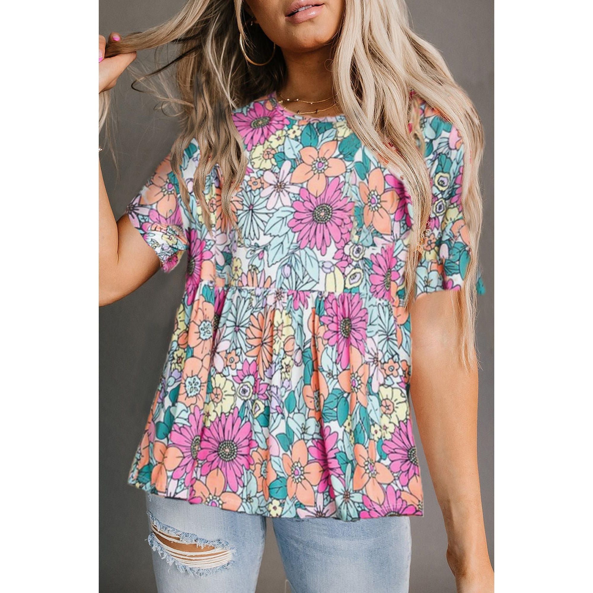 Azura Exchange Bohemian Flower Print Flowy Short Sleeve Top - M