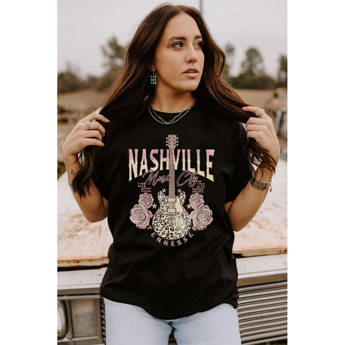 Azura Exchange Leopard Guitar Rose Print T-Shirt - M