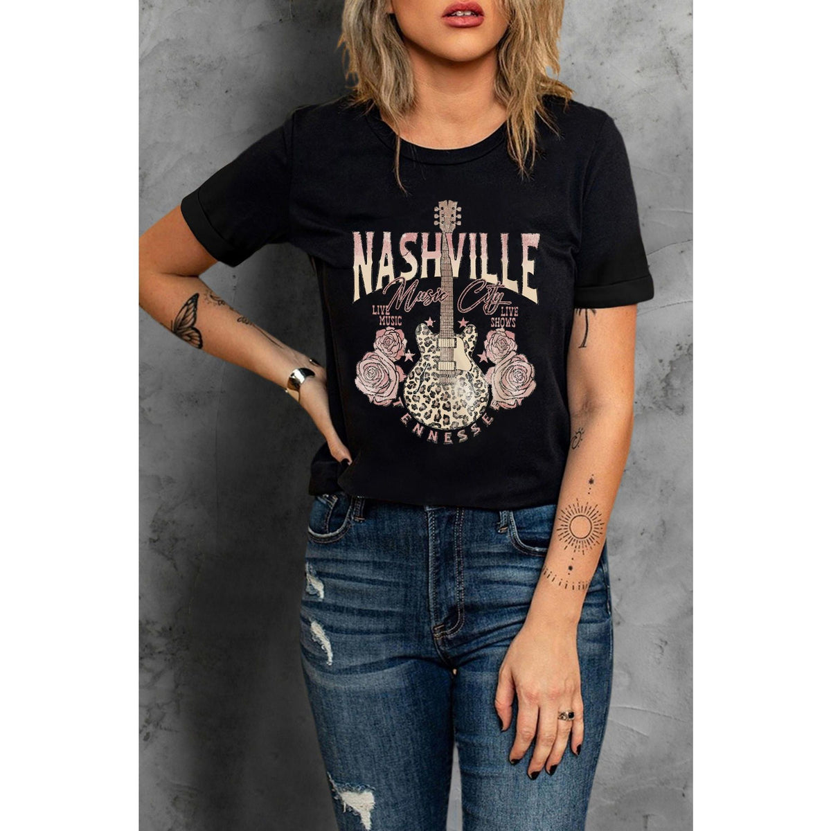 Azura Exchange Leopard Guitar Rose Print T-Shirt - S