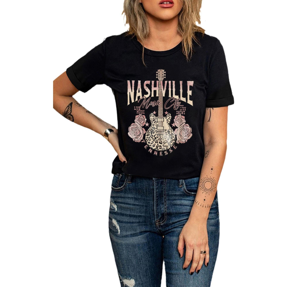 Azura Exchange Leopard Guitar Rose Print T-Shirt - S