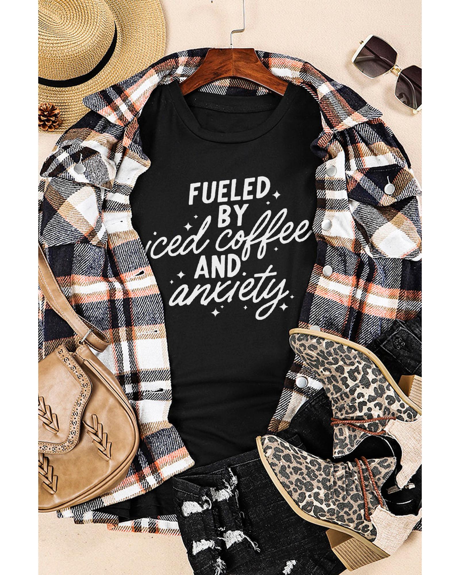 Black FUELED BY iced coffee AND anxiety Graphic Tee - L
