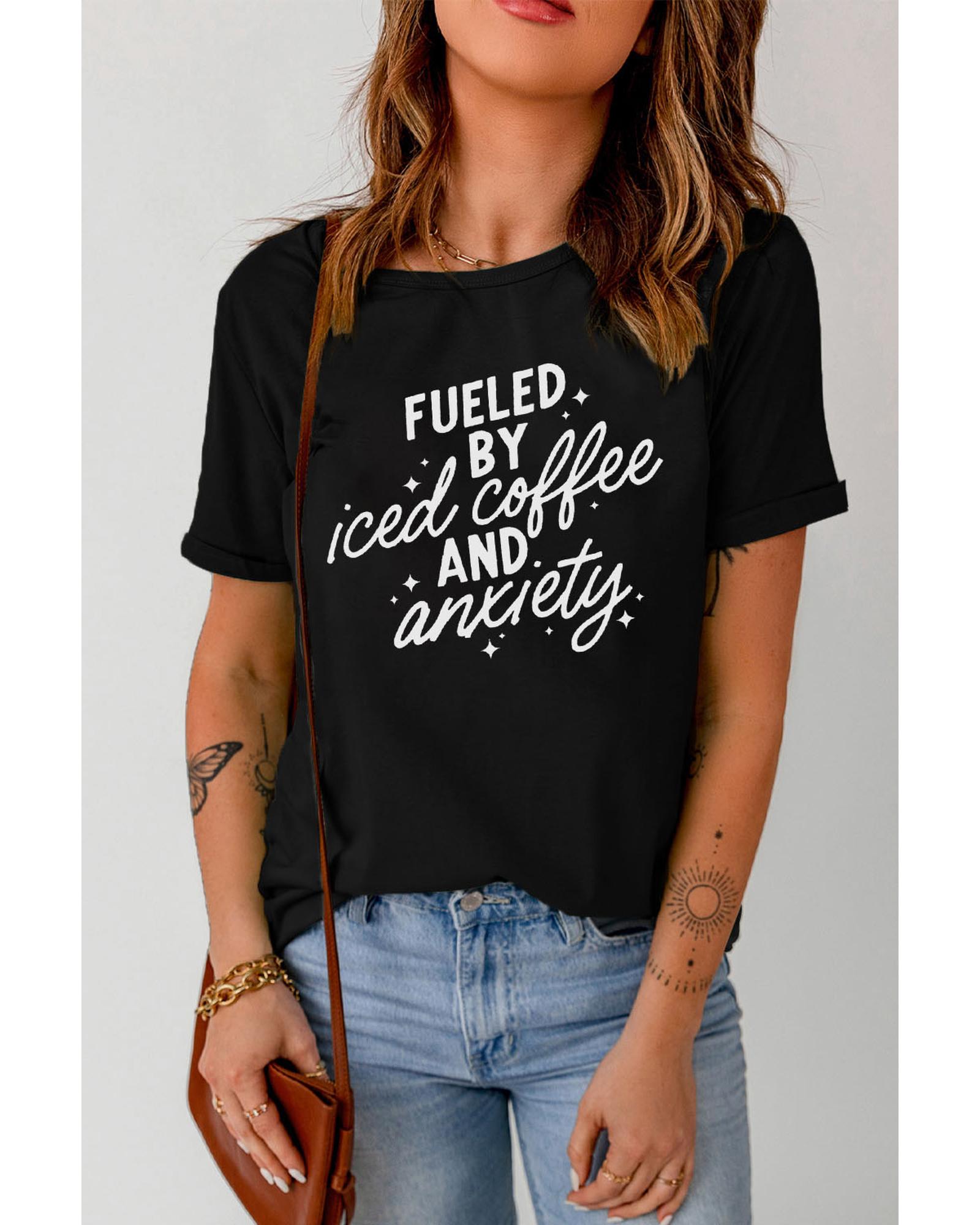 Black FUELED BY iced coffee AND anxiety Graphic Tee - L