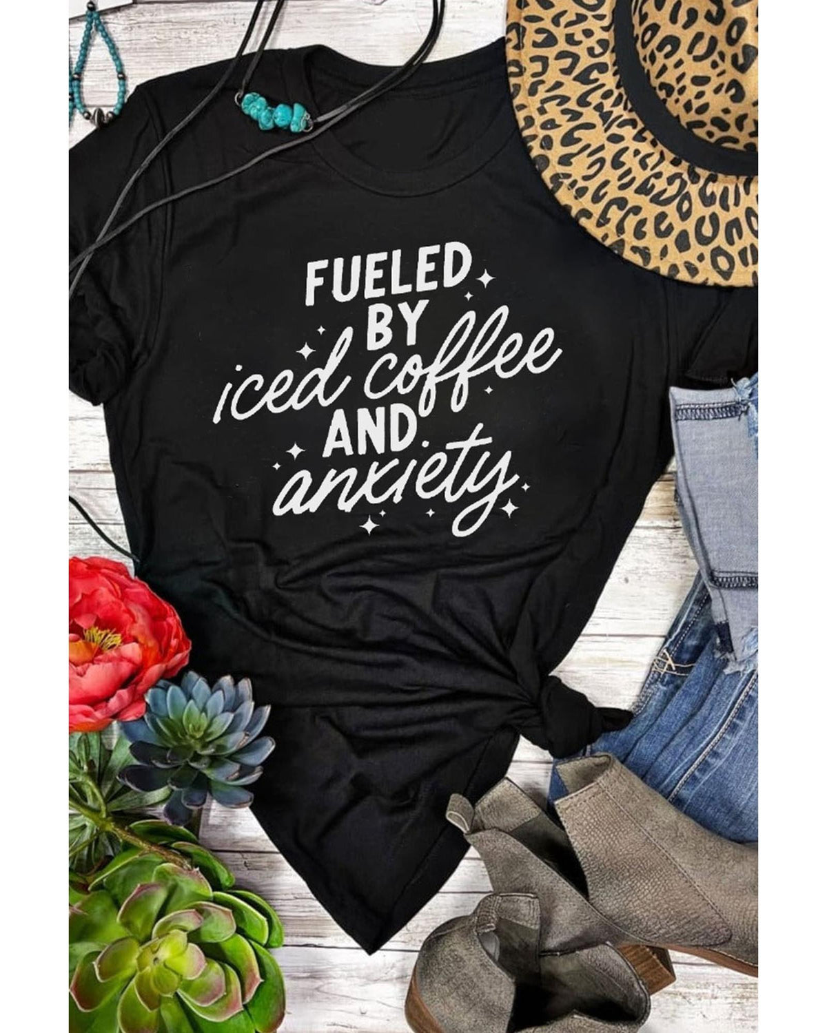 Black FUELED BY iced coffee AND anxiety Graphic Tee - M
