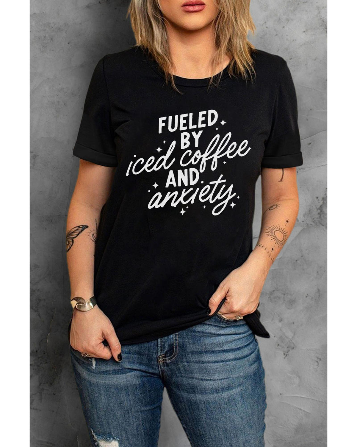 Black FUELED BY iced coffee AND anxiety Graphic Tee - S