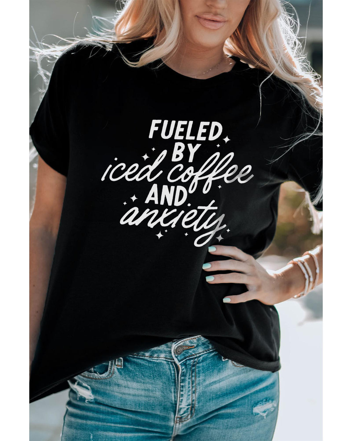 Black FUELED BY iced coffee AND anxiety Graphic Tee - S