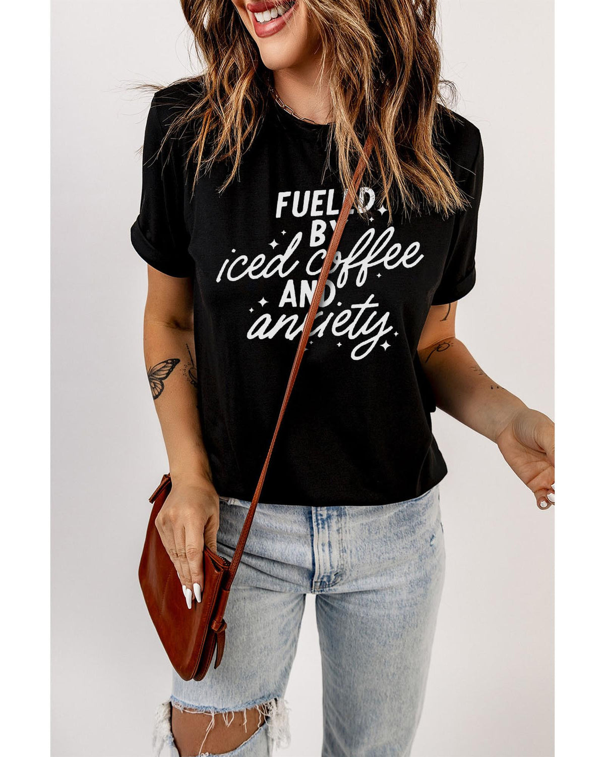 Black FUELED BY iced coffee AND anxiety Graphic Tee - S