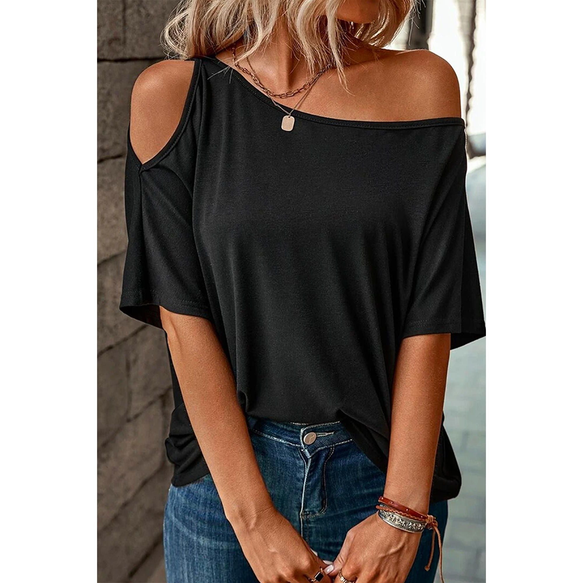 Azura Exchange Asymmetrical Neck Casual T-Shirt - L