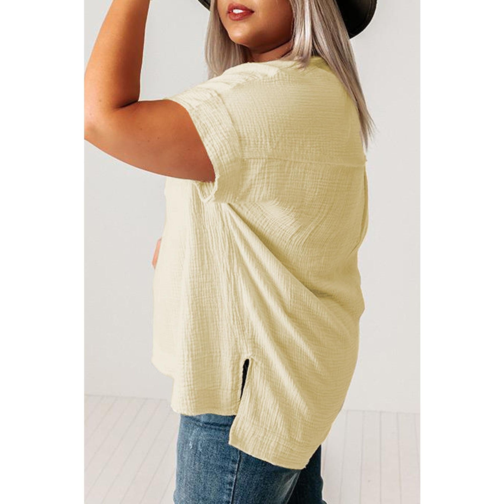 Azura Exchange Beige Textured Pocket Split V Neck Top - 4X