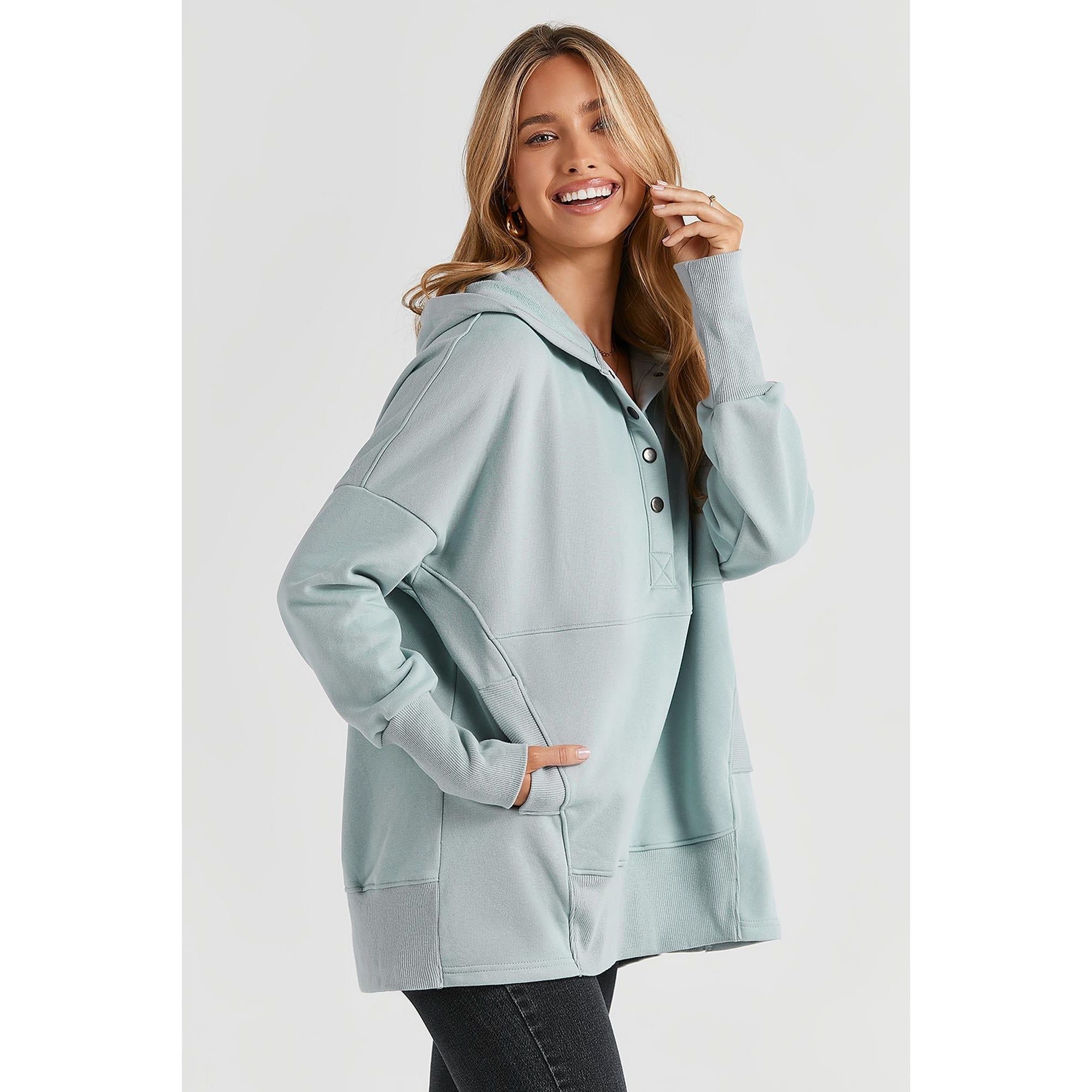 Azura Exchange Batwing Sleeve Pocketed Henley Hoodie - L