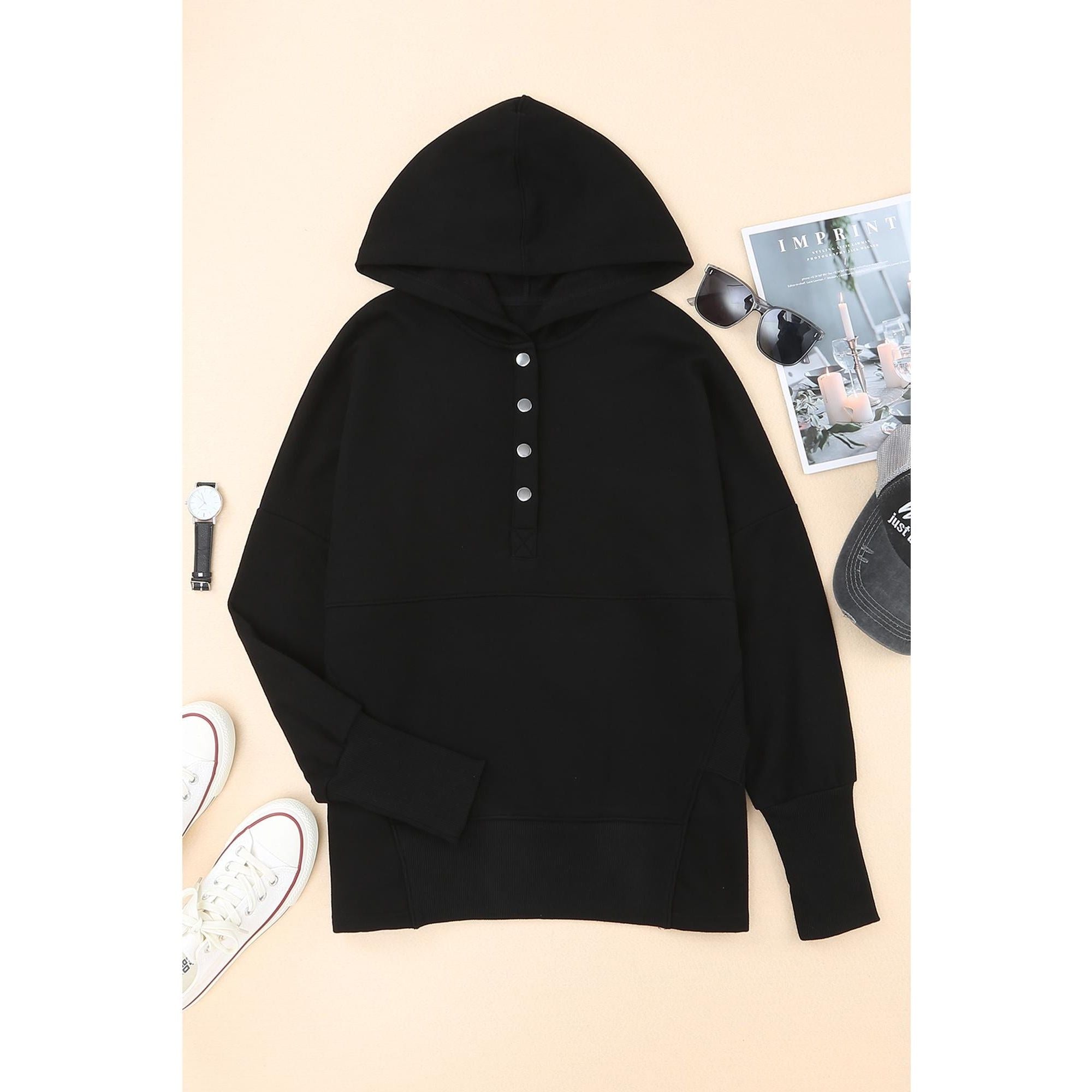 Azura Exchange Batwing Sleeve Hoodie with Pocketed Henley - L