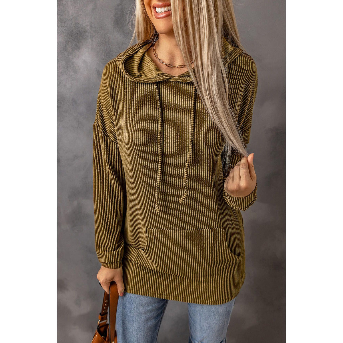 Azura Exchange Ribbed Drawstring Hoodie with Kangaroo Pocket - M